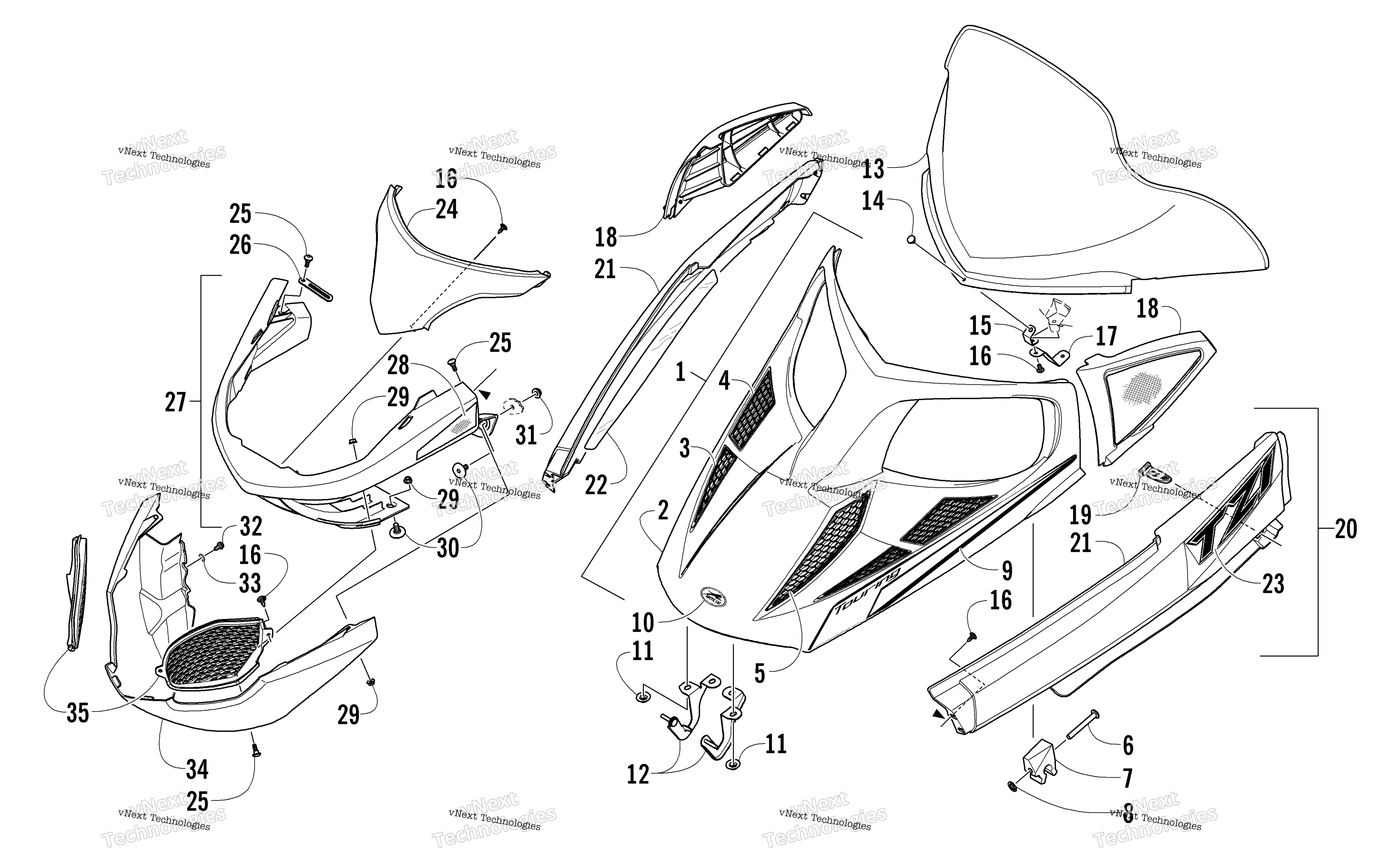 Hood, Windshield, и передний Bumper узел