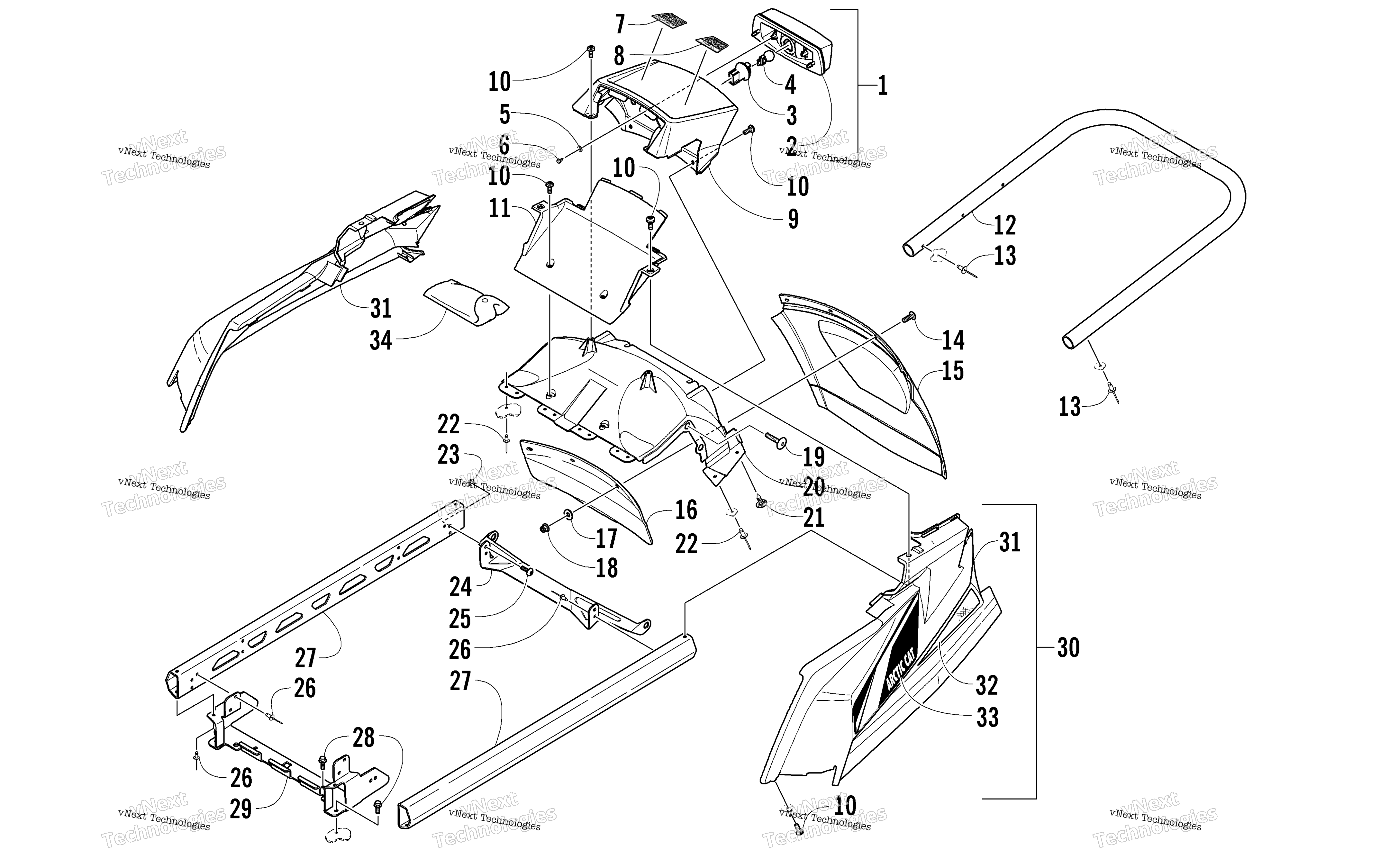 задний Bumper, полка Rail, Snowflap, и Taillight узел