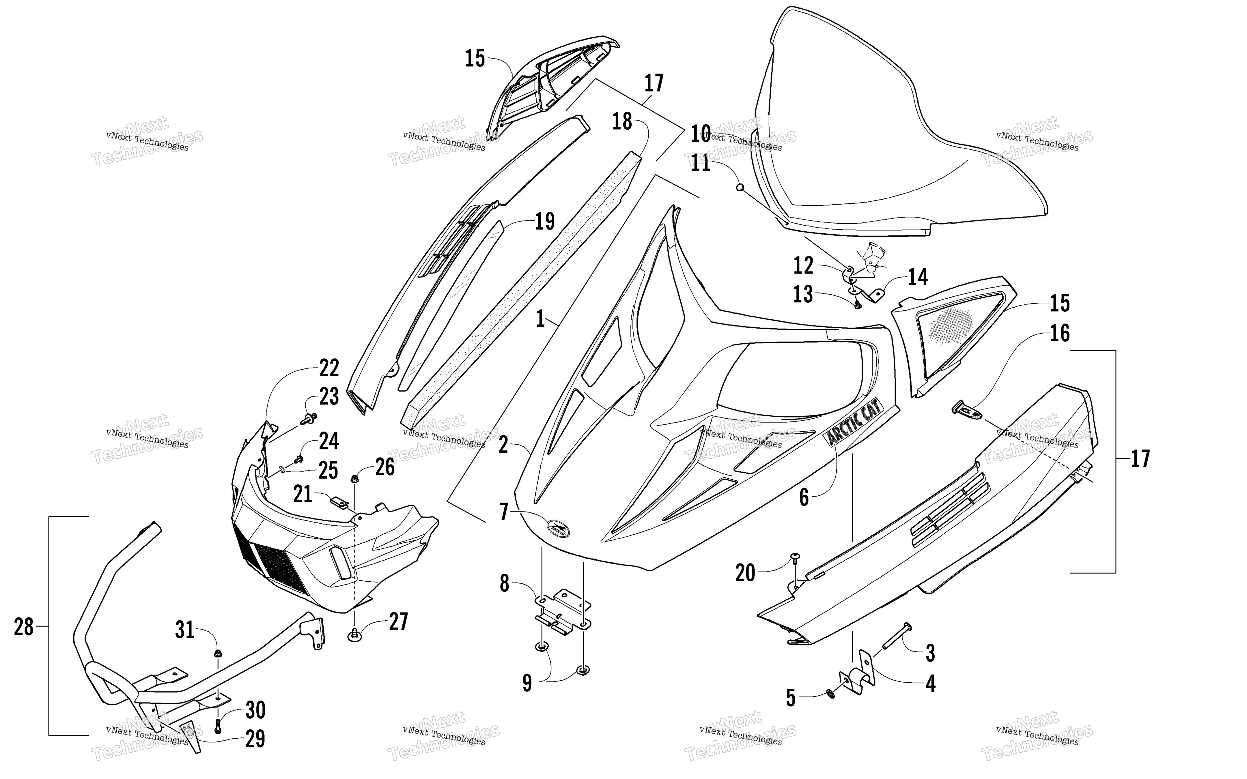 Hood, Windshield, и передний Bumper узел
