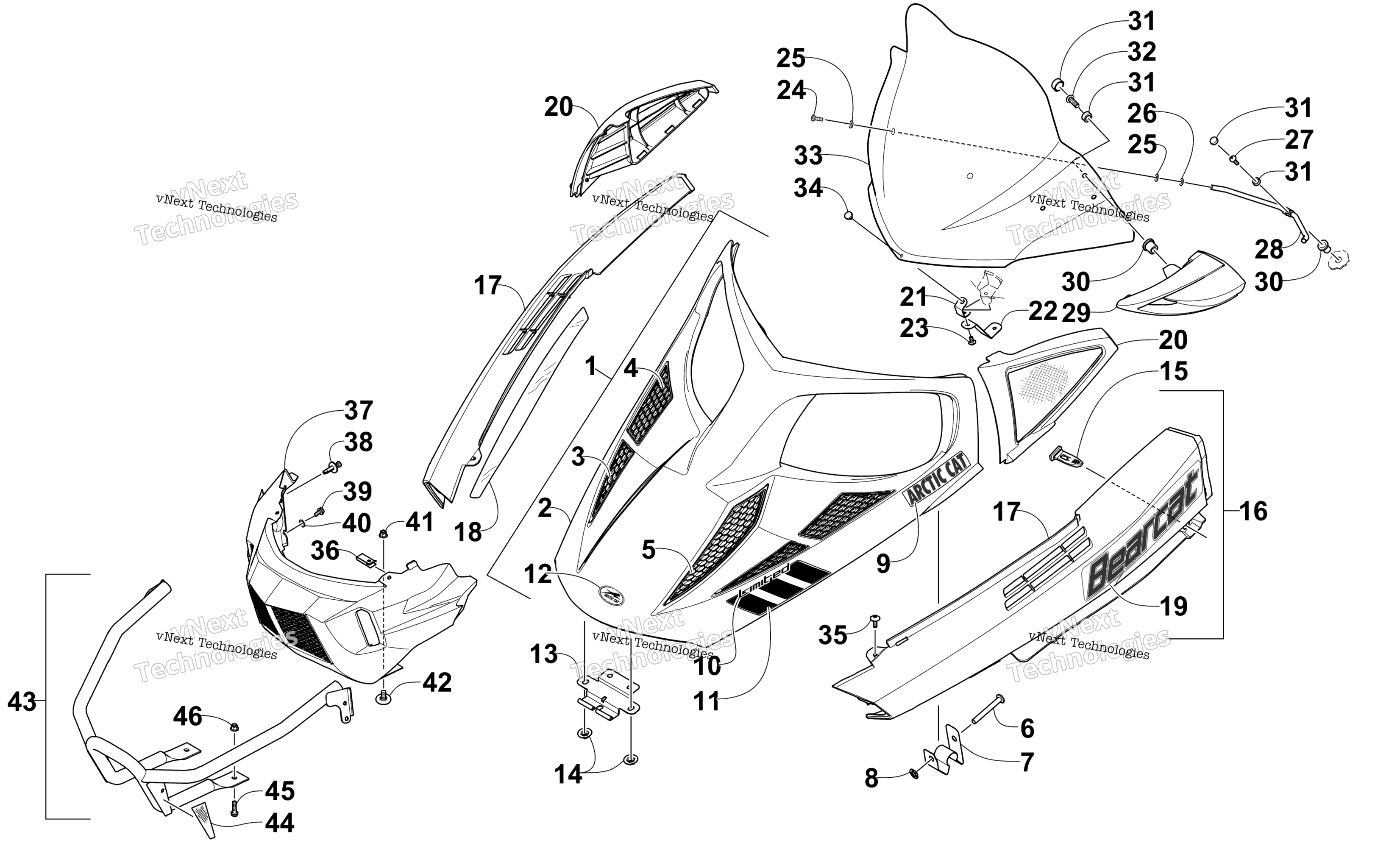Hood, Windshield, и передний Bumper узел