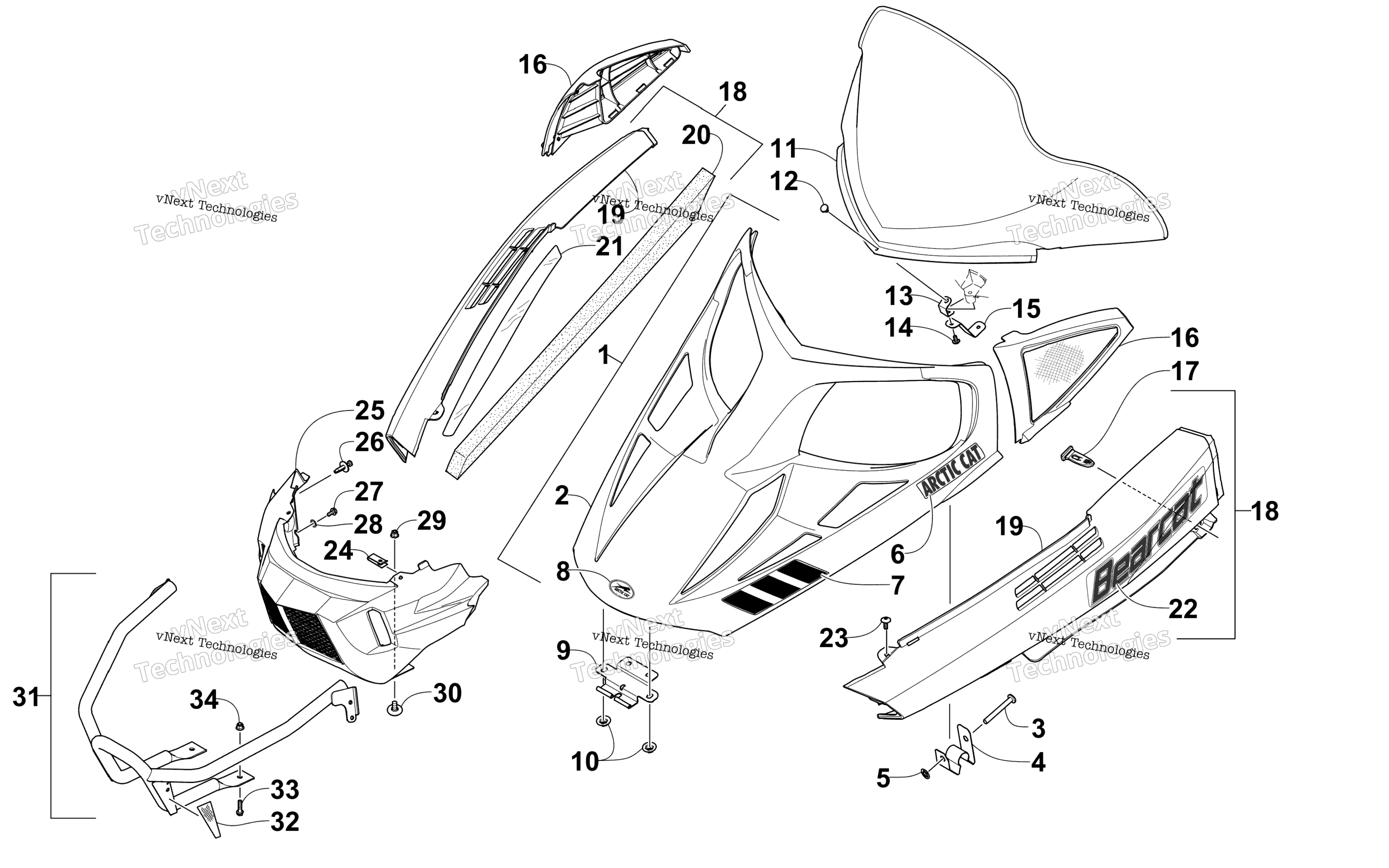 Hood, Windshield, и передний Bumper узел