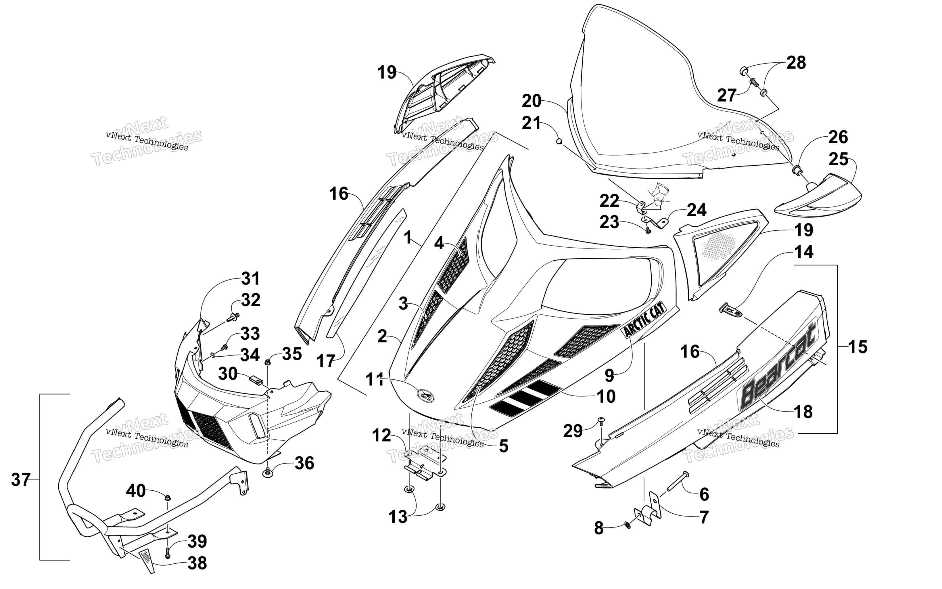 Hood, Windshield, и передний Bumper узел