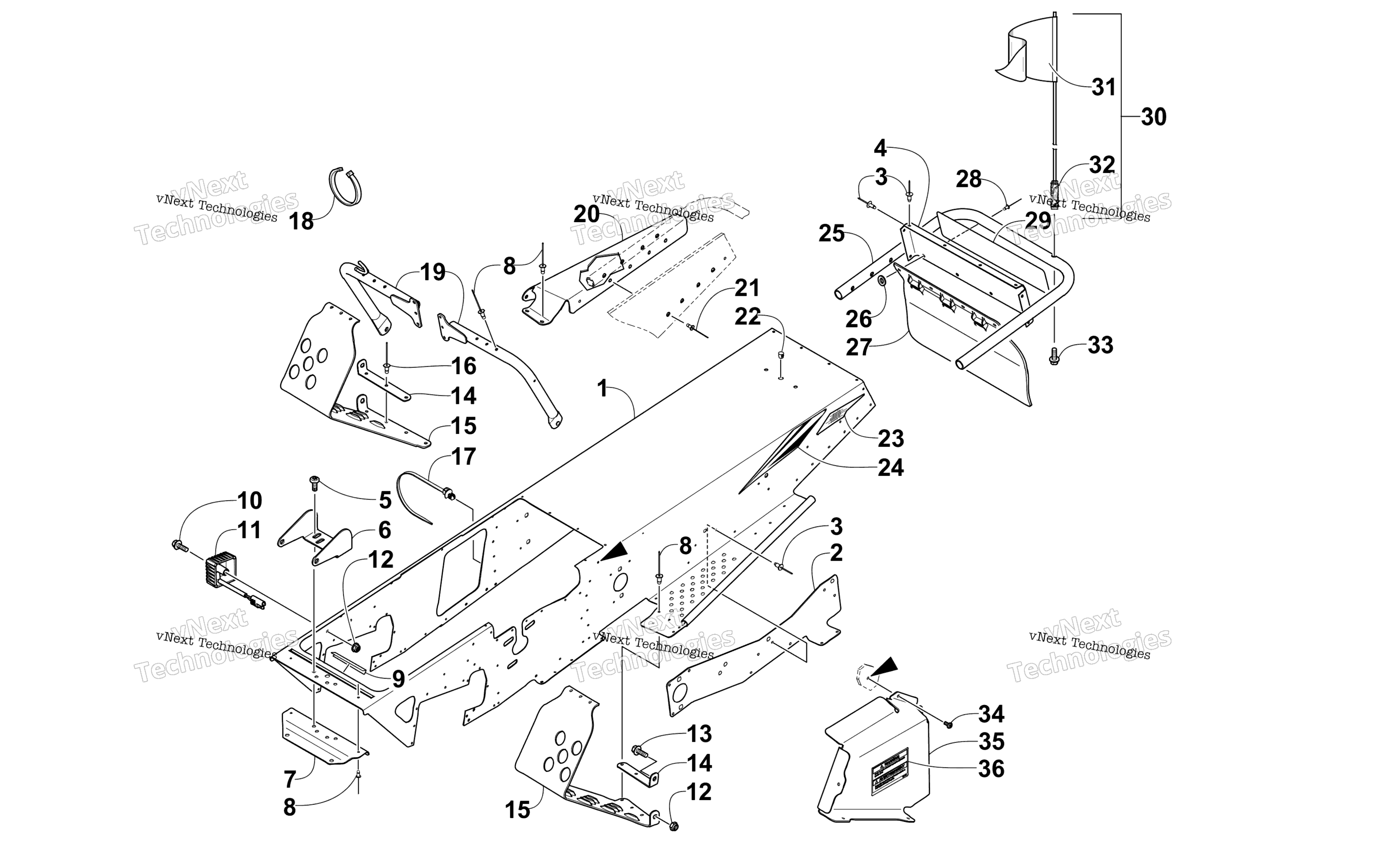 Chassis, Footrest, и задний Bumper узел