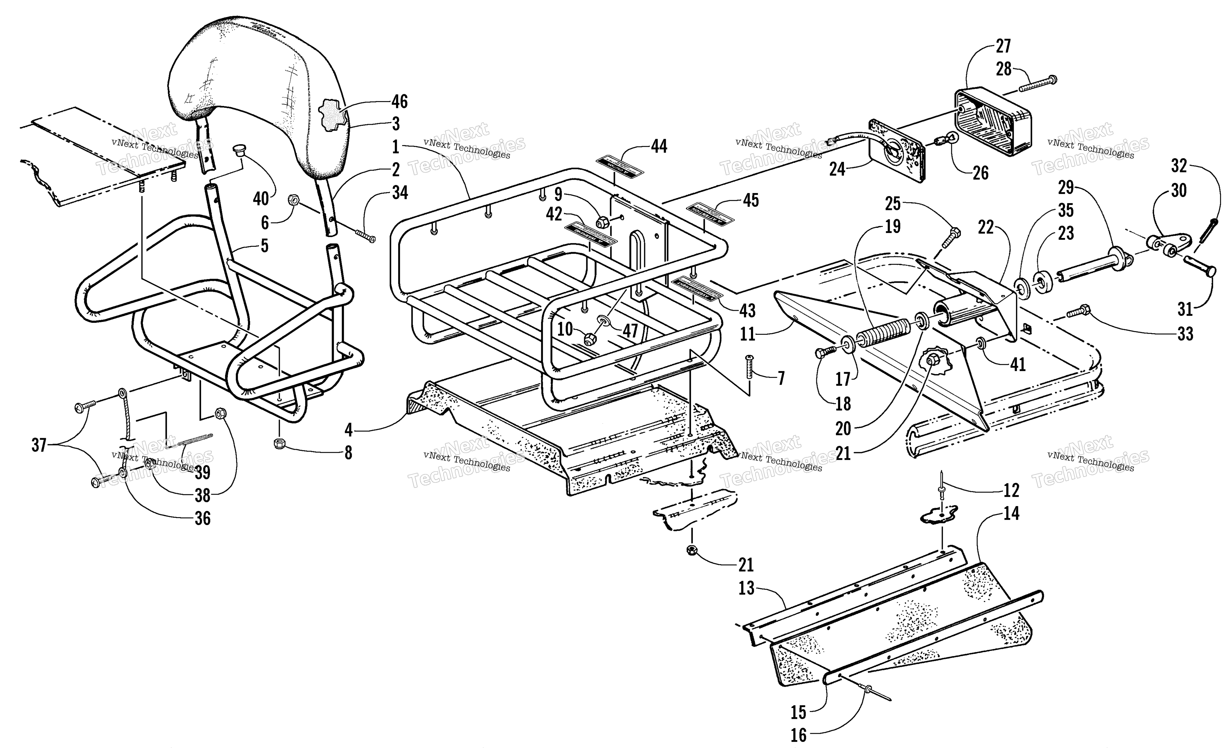 Rack, Backrest, Hitch, и Taillight Assemblies