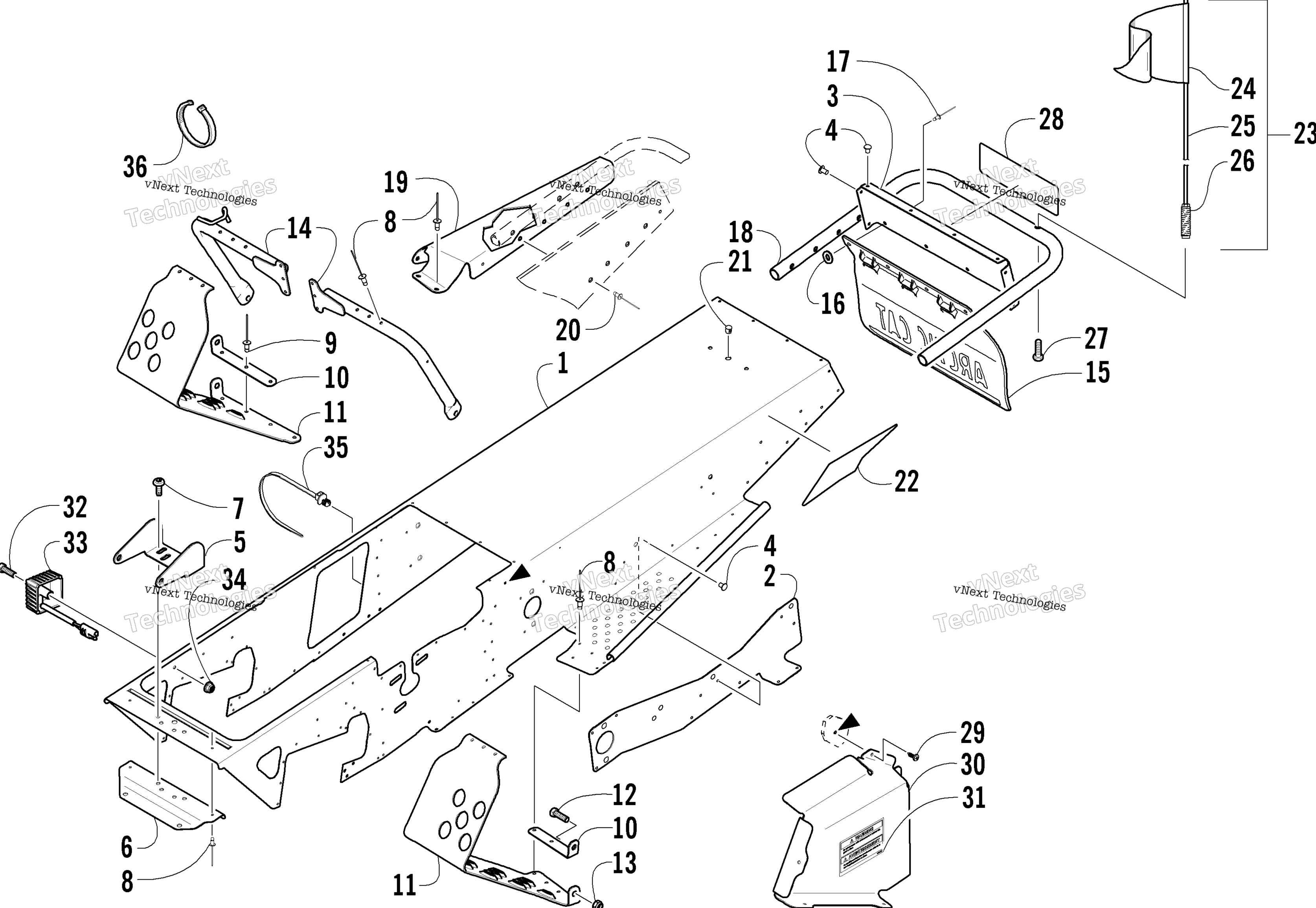 Chassis, Footrest, и задний Bumper узел