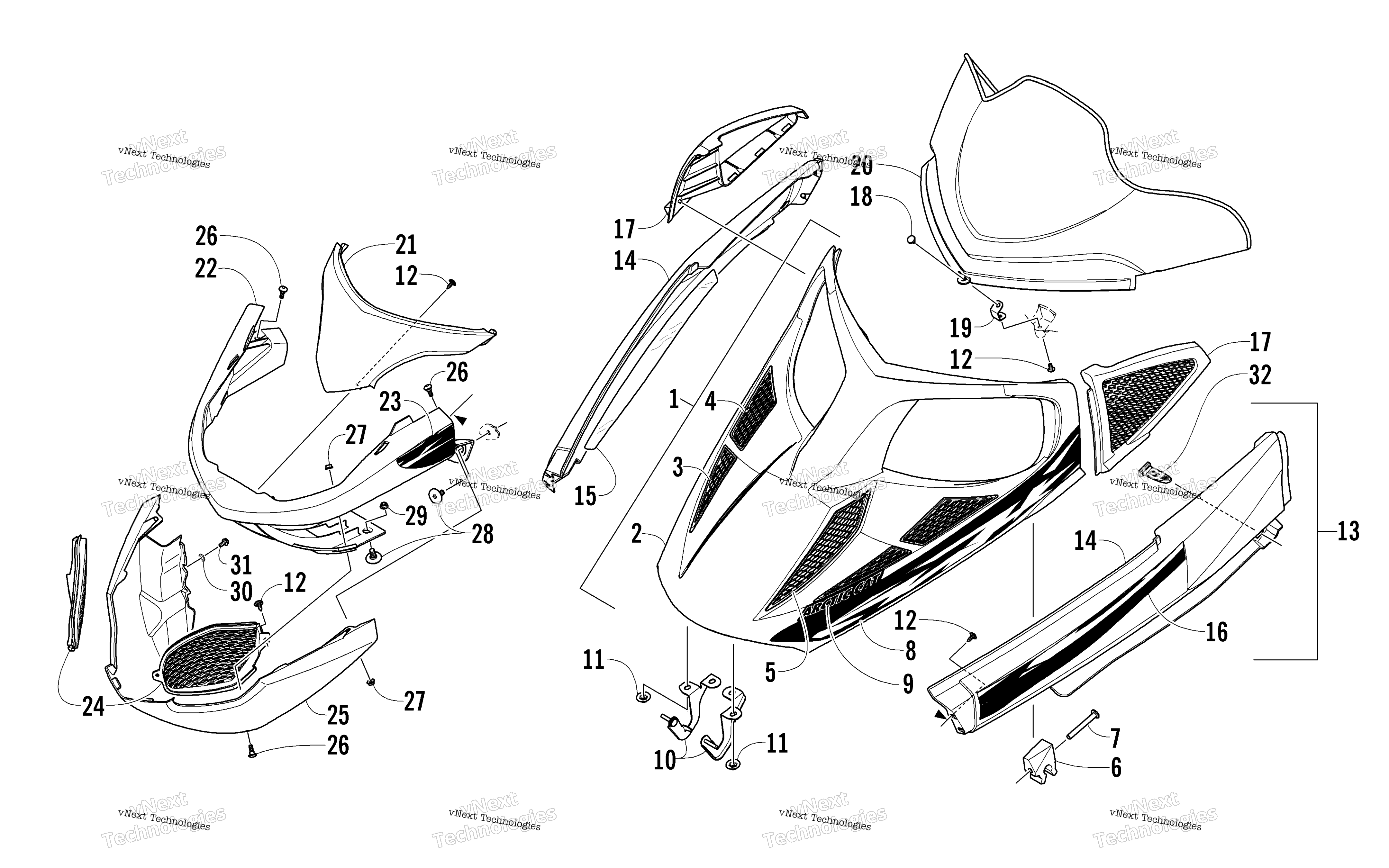 Hood, Windshield, и передний Bumper узел