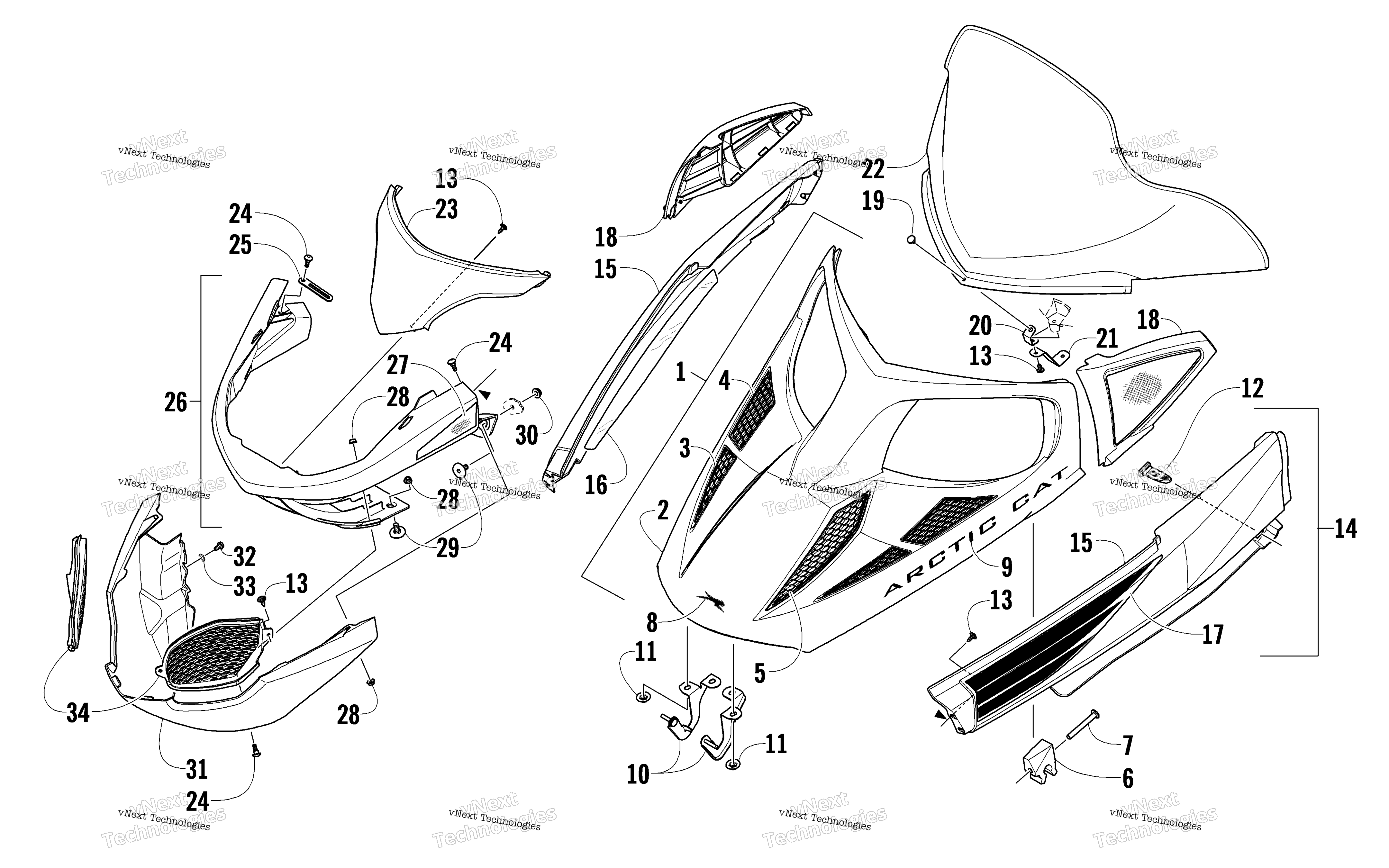 Hood, Windshield, и передний Bumper узел