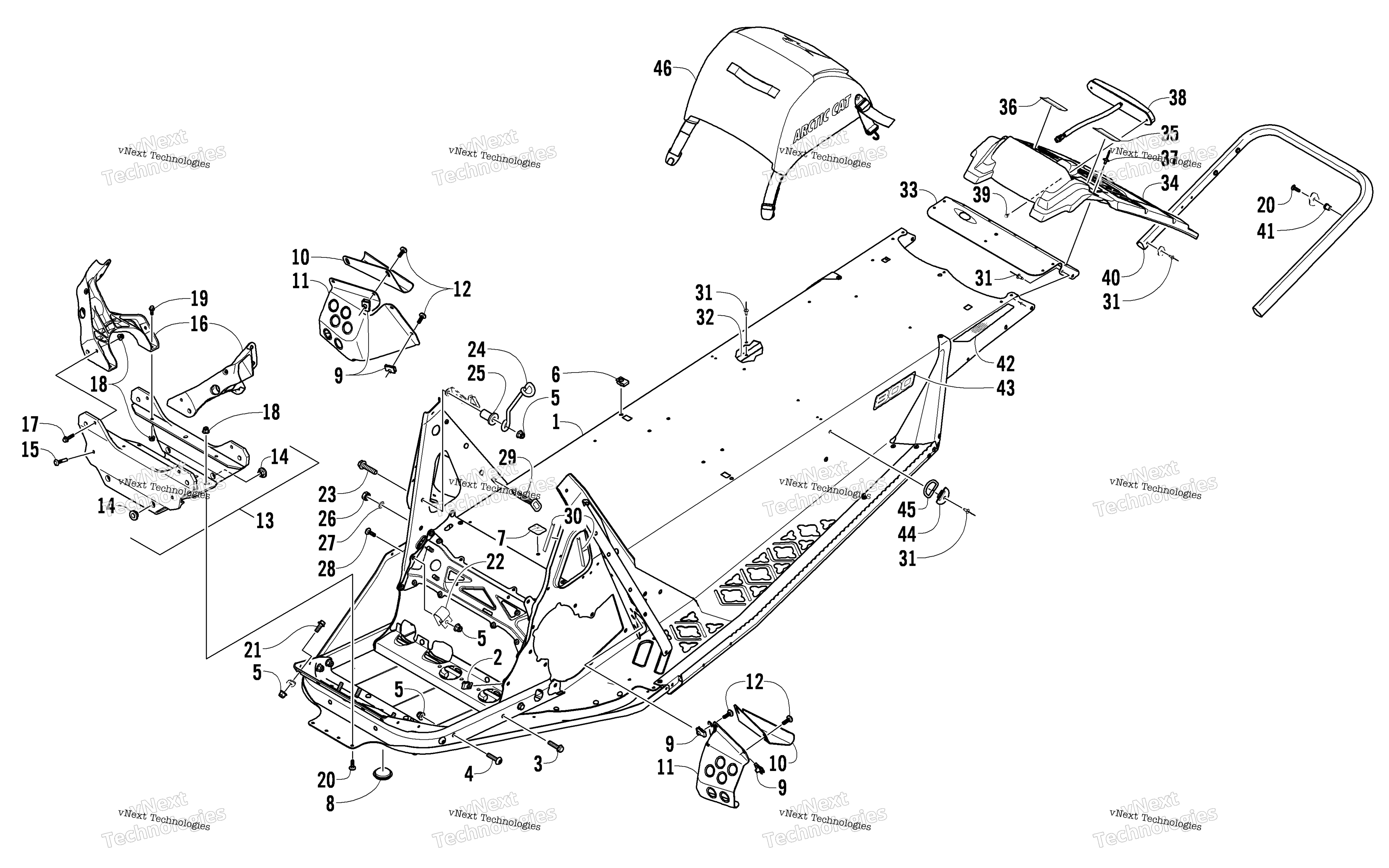 Chassis, задний Bumper, и Snowflap узел
