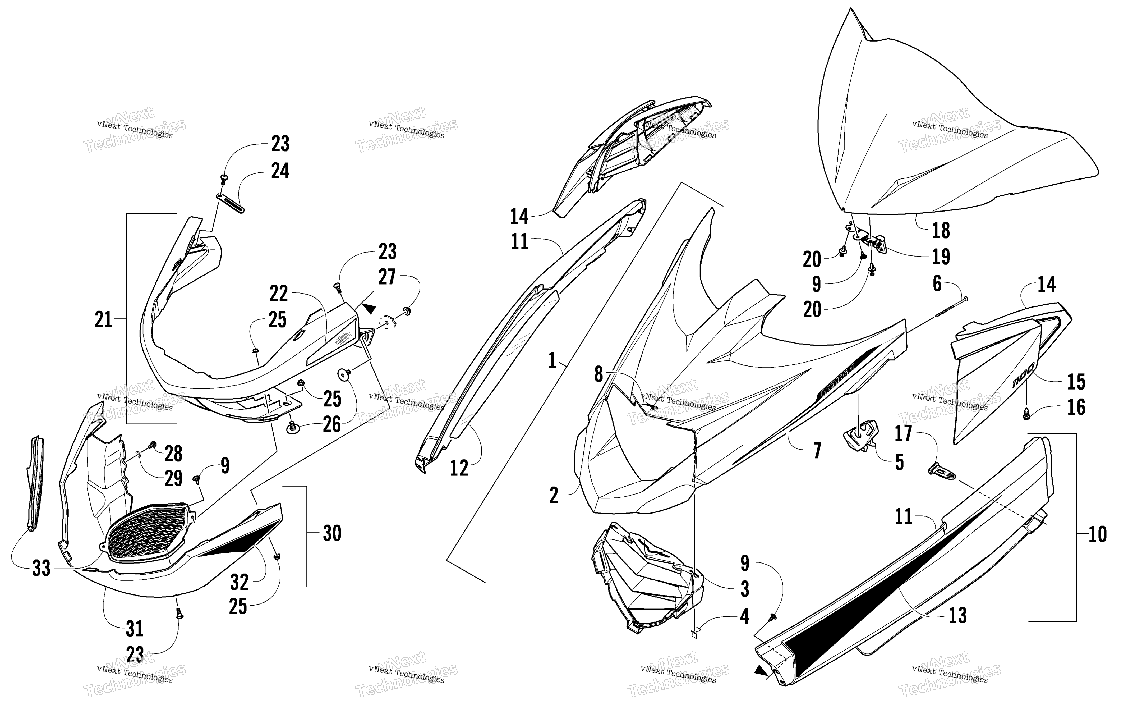 Hood, Windshield, и передний Bumper узел