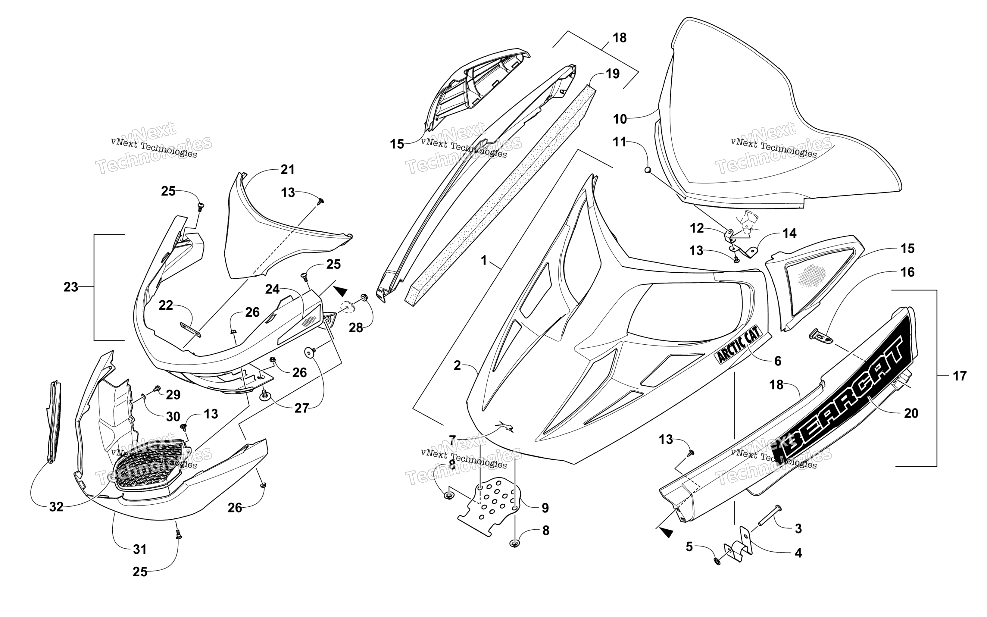 Hood, Windshield, и передний Bumper узел