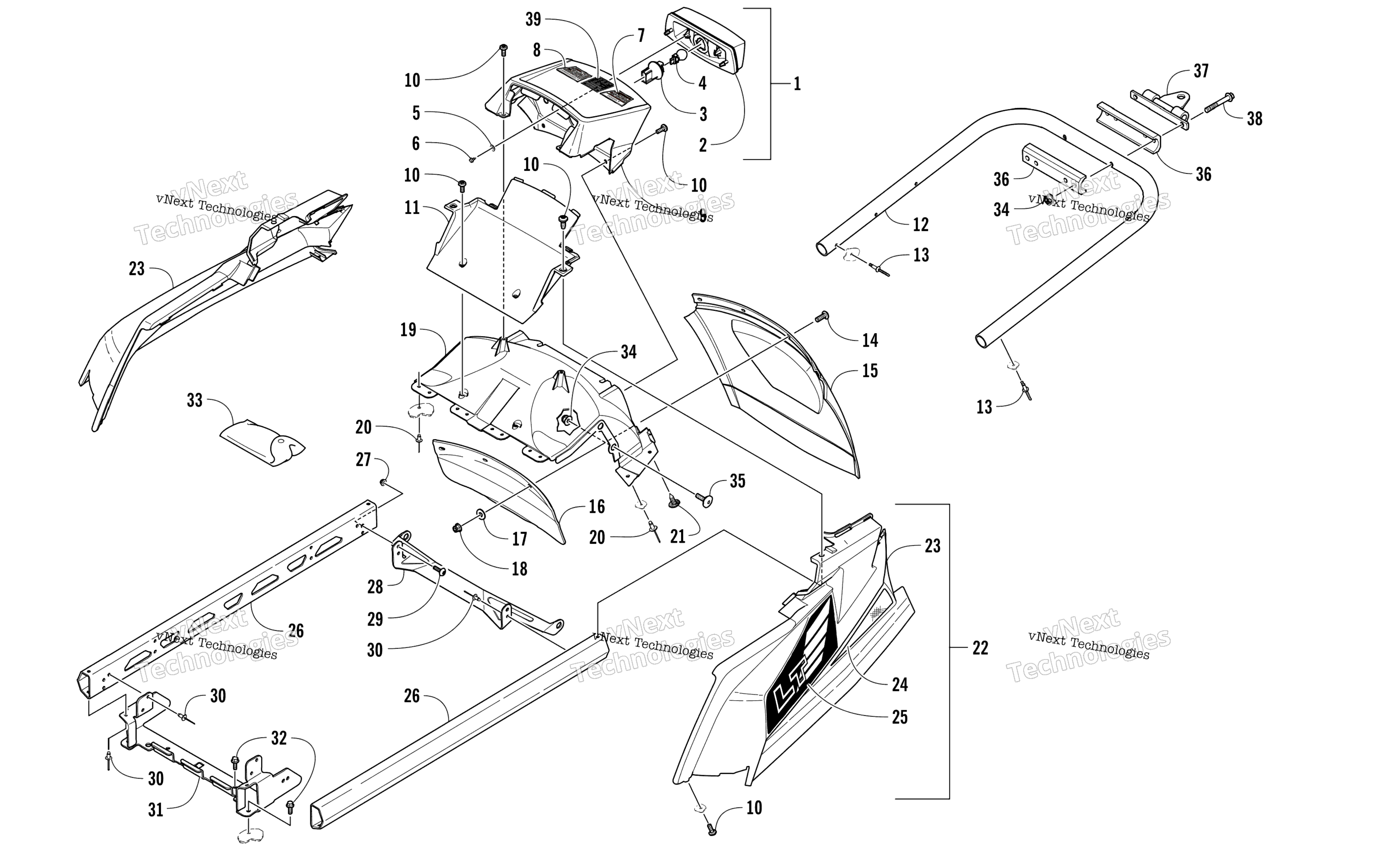 задний Bumper, Hitch, полка Rail, Snowflap, и Taillight узел