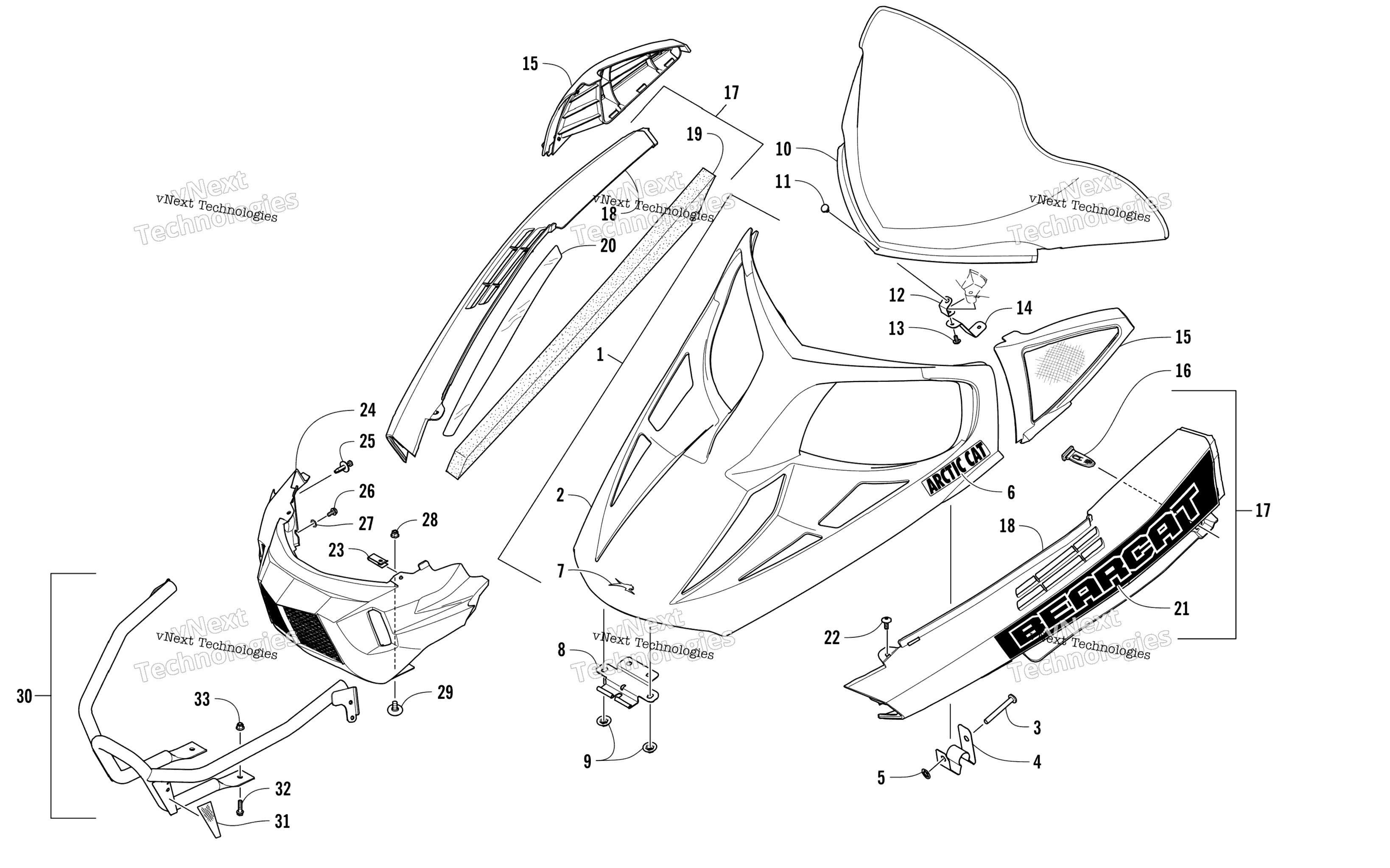 Hood, Windshield, и передний Bumper узел