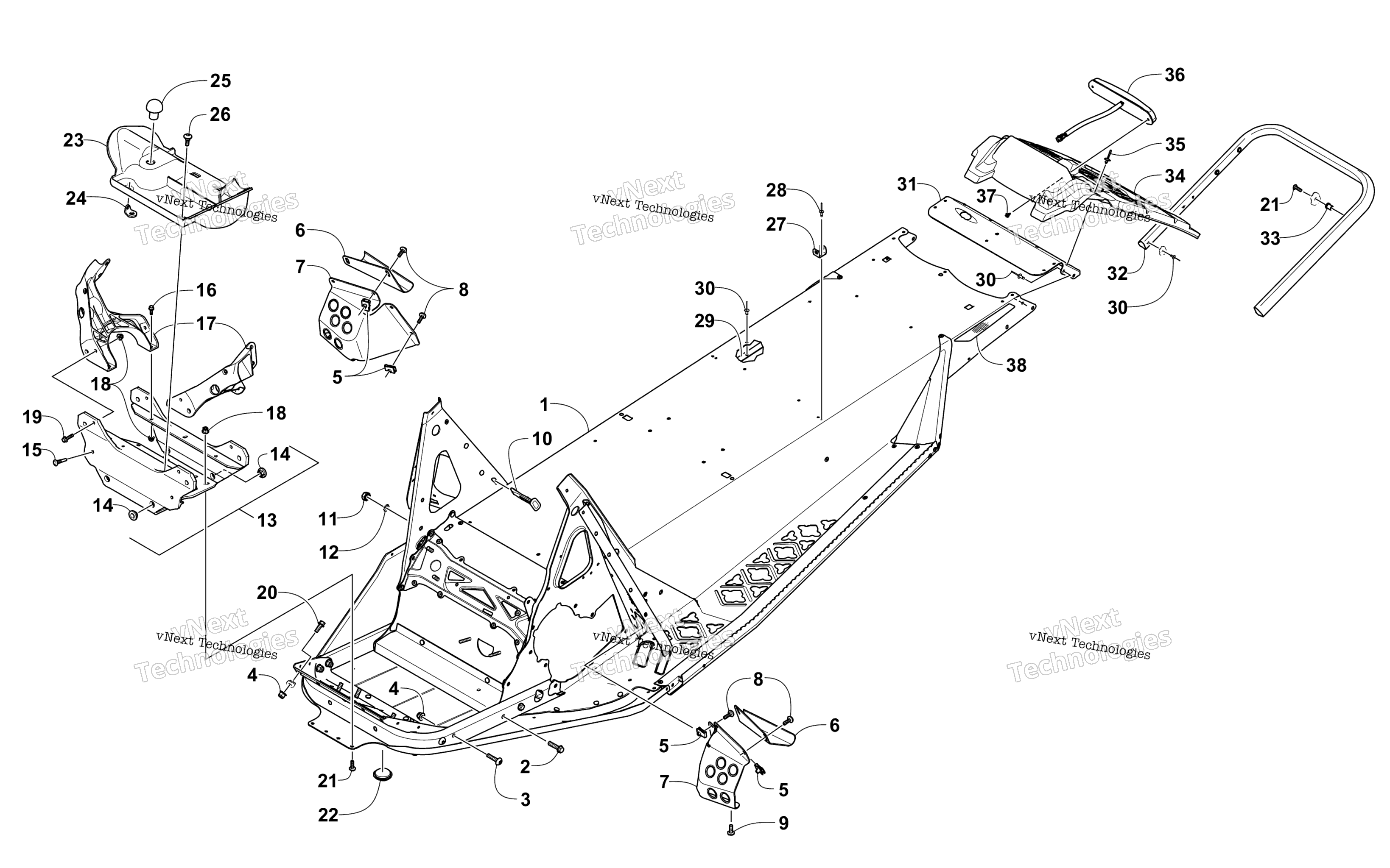 Chassis, задний Bumper, и Snowflap узел