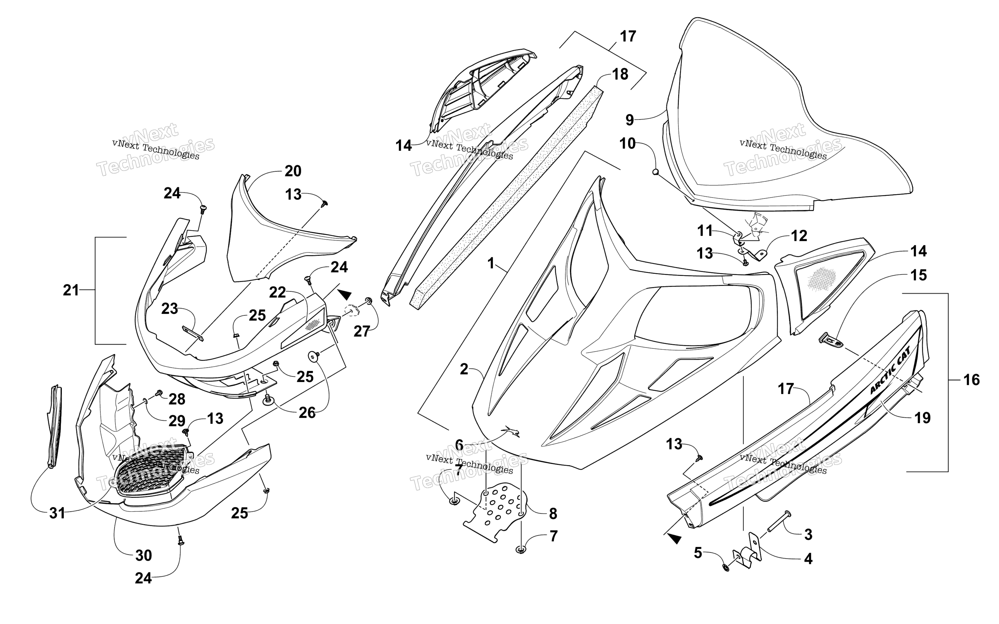Hood, Windshield, и передний Bumper узел