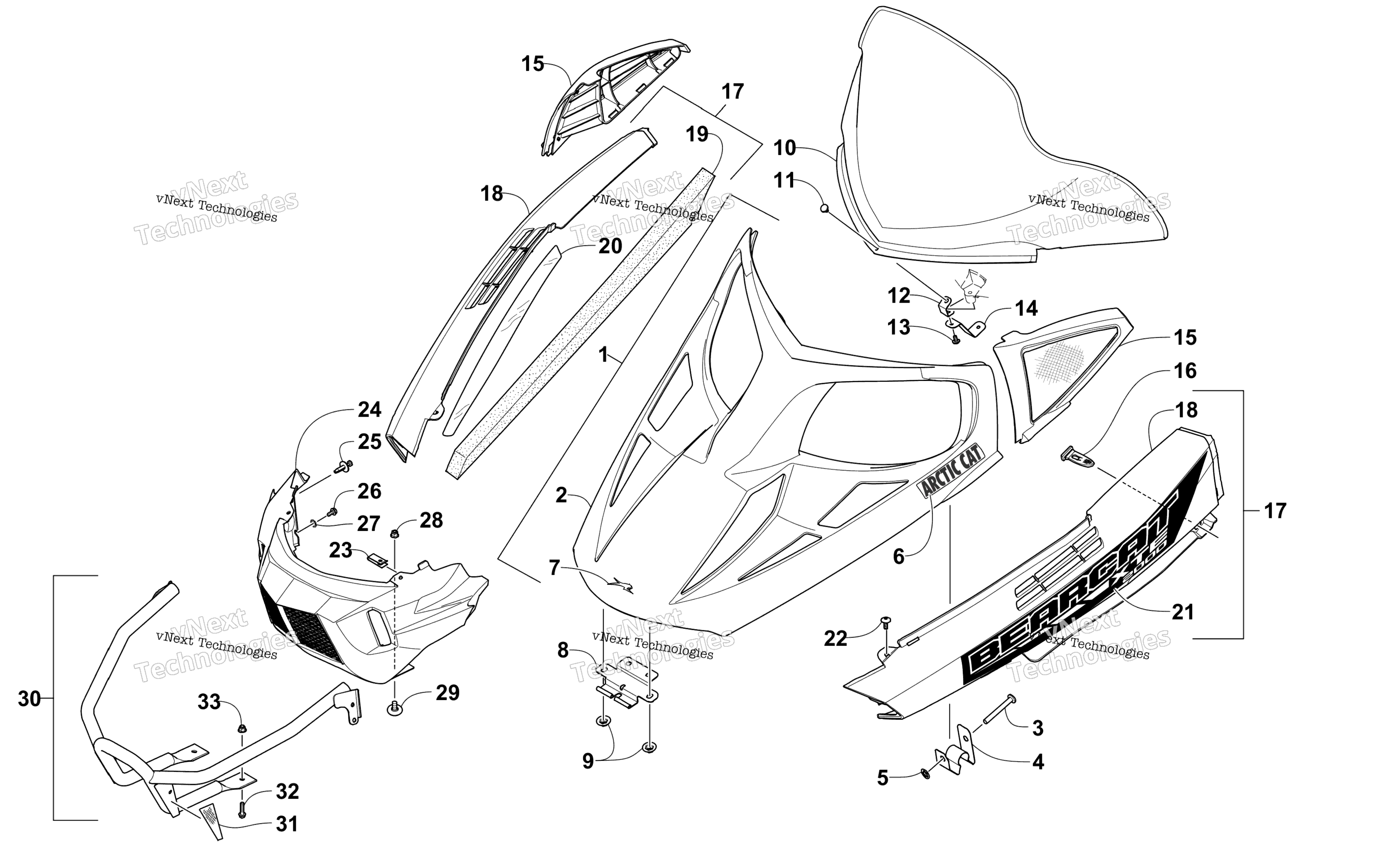 Hood, Windshield, и передний Bumper узел