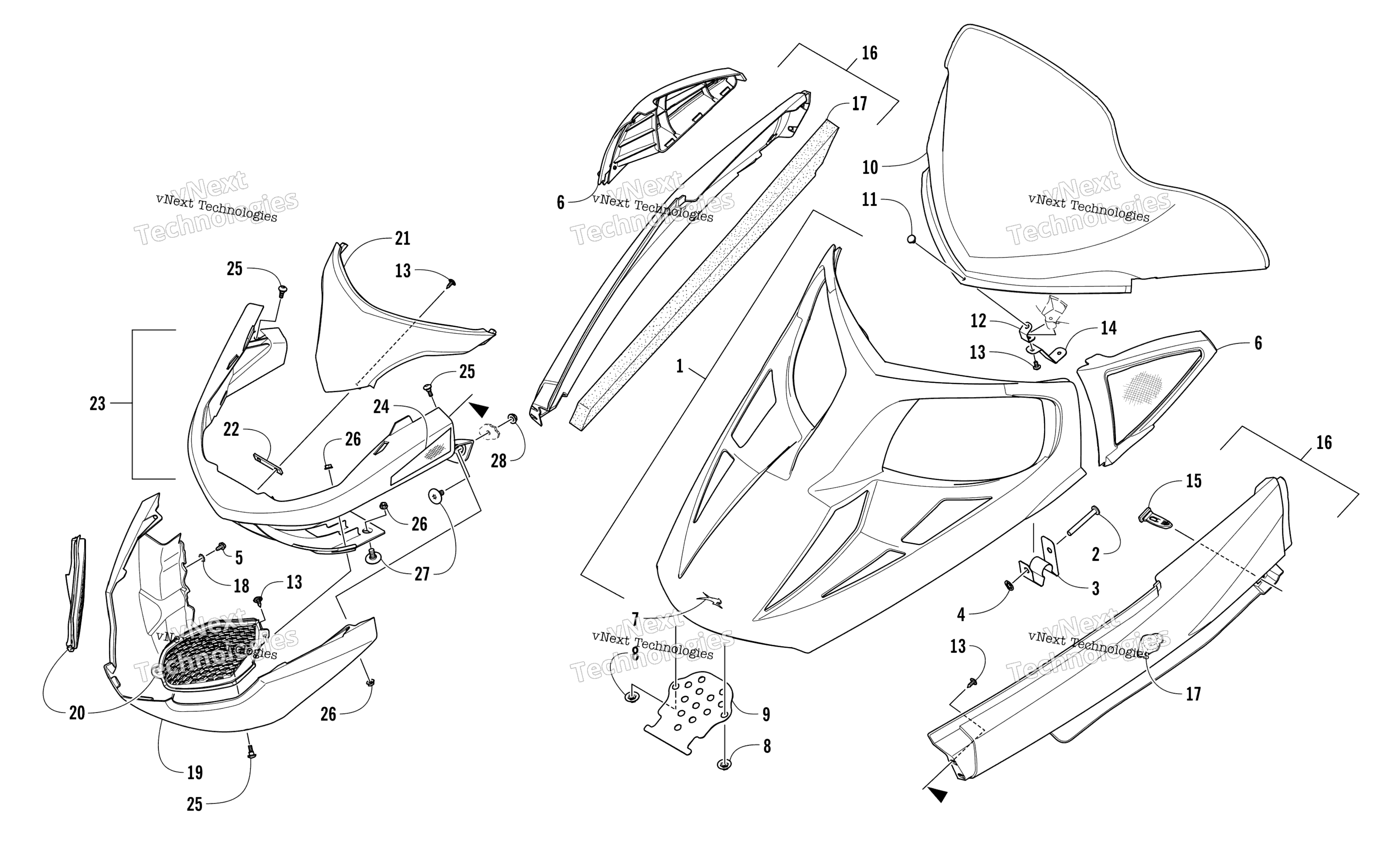 Hood, Windshield, и передний Bumper узел