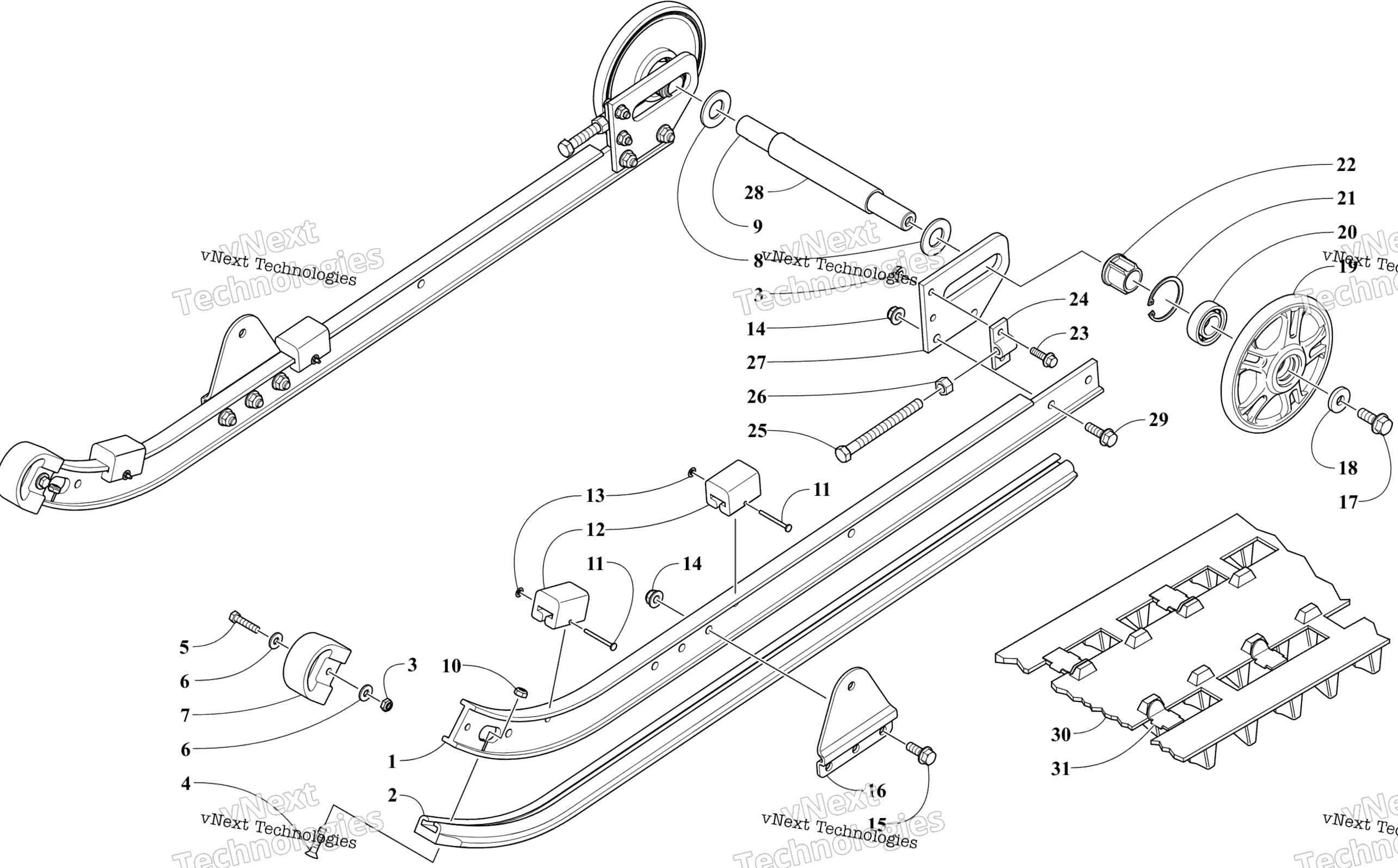 Slide Rail, Idler Wheels, и Track узел