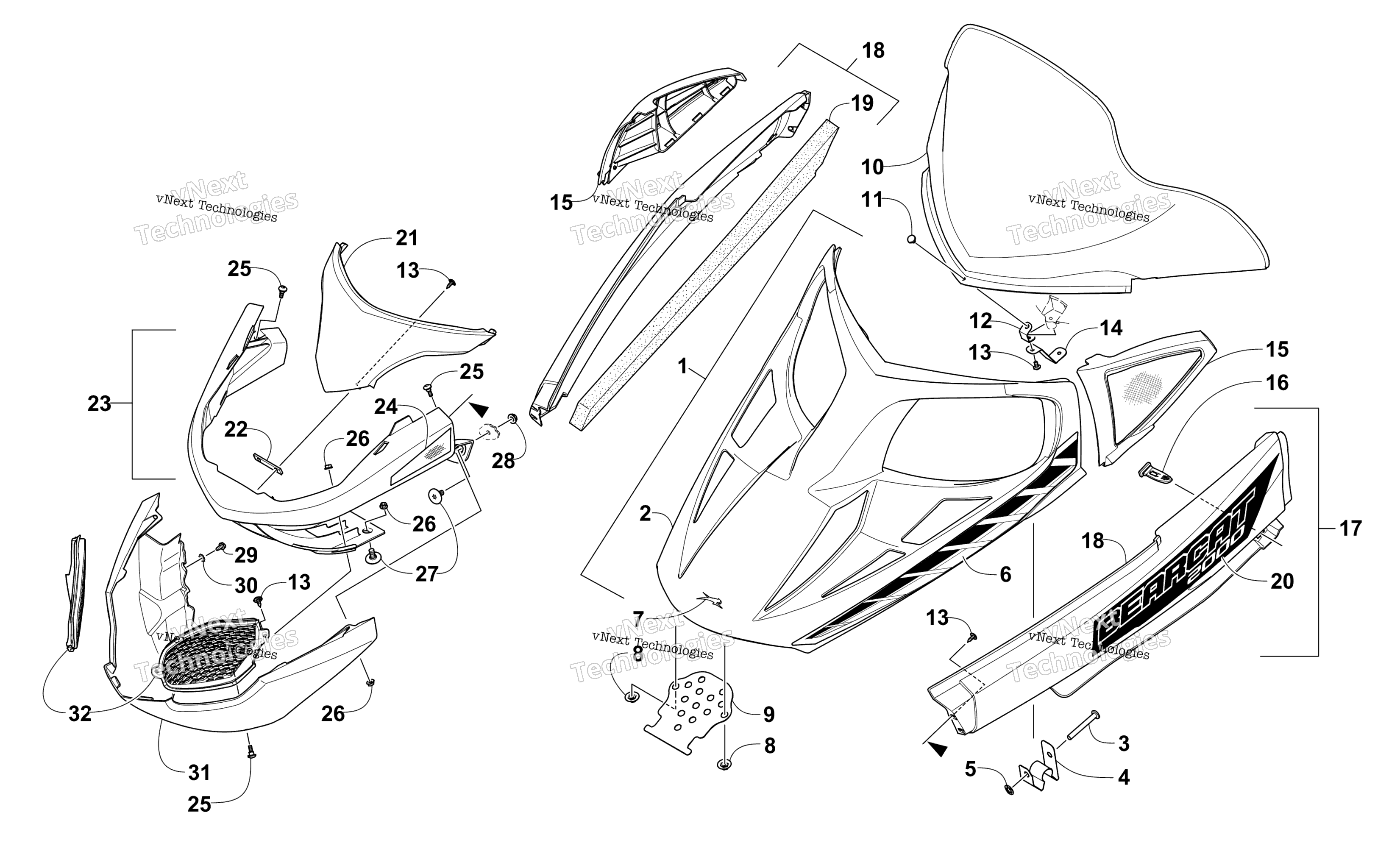 Hood, Windshield, и передний Bumper узел