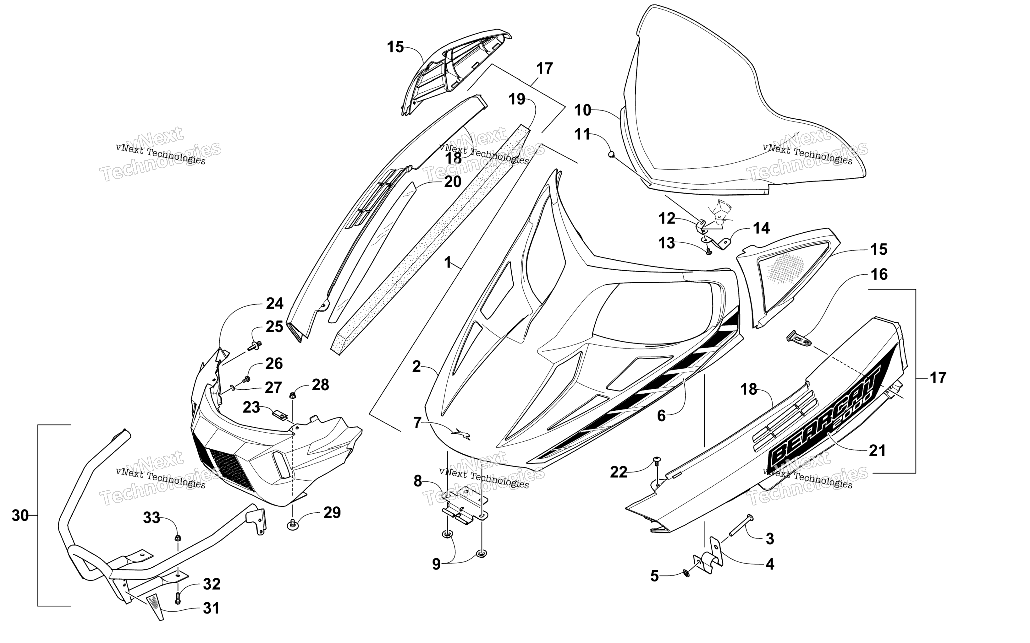 Hood, Windshield, и передний Bumper узел