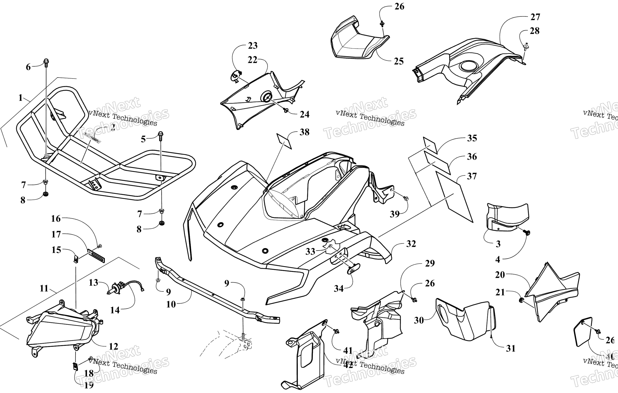 Передняя часть Body, Rack, And Headlight Assembly