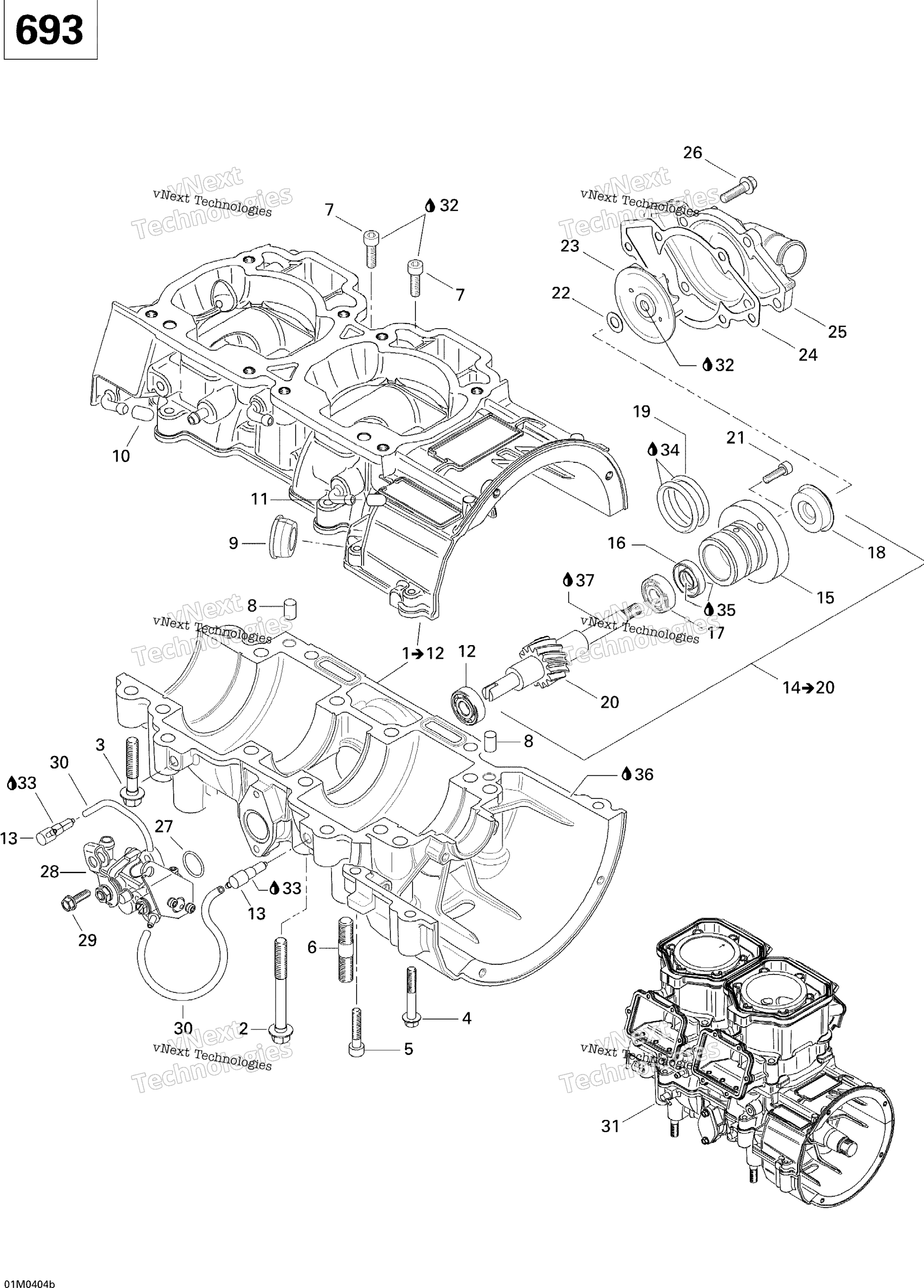 Crankcase, Water насос и масляный насос (693)