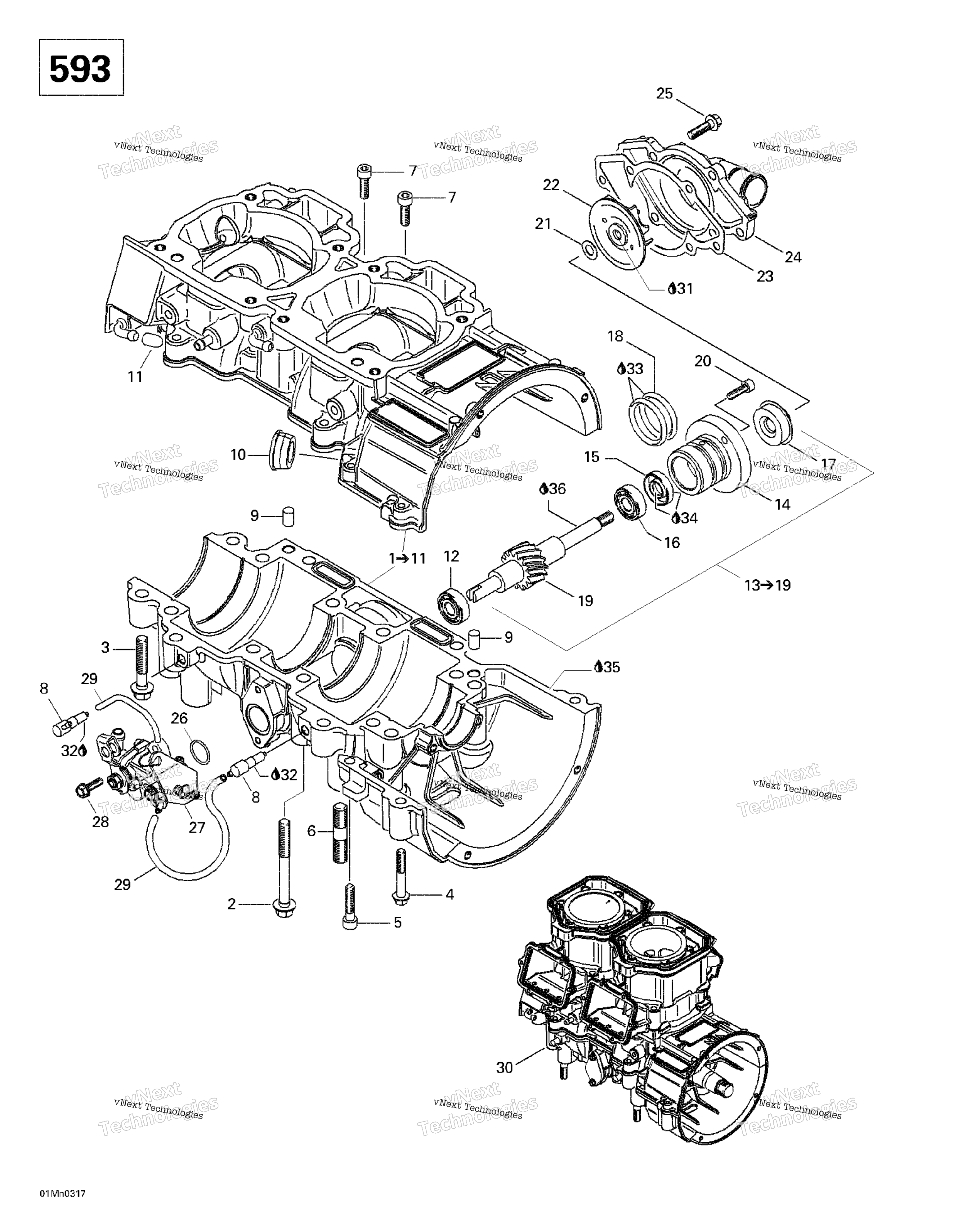 Crankcase, Rotary Valve, Water насос