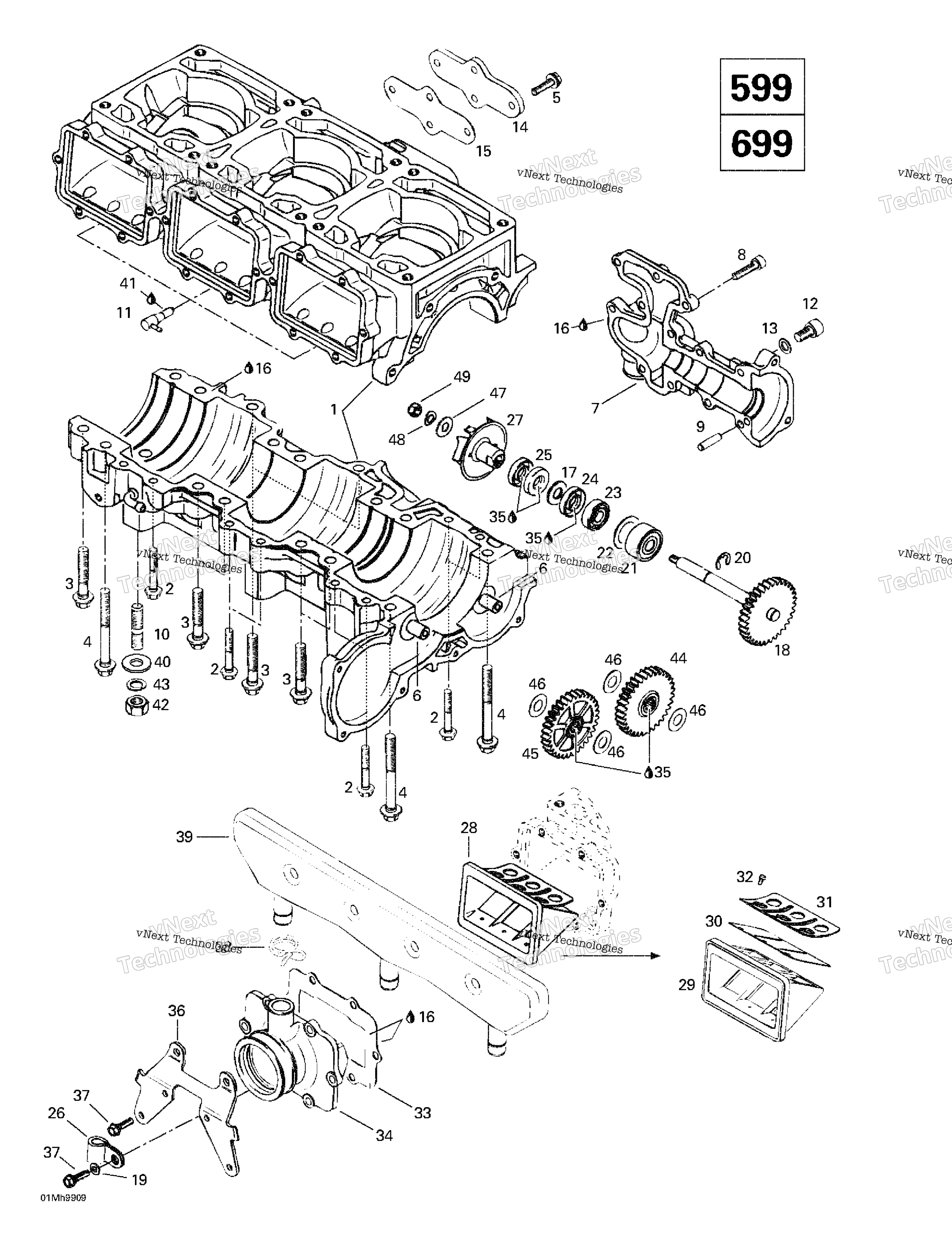 Crankcase, Reed Valve, Water насос (599, 699)