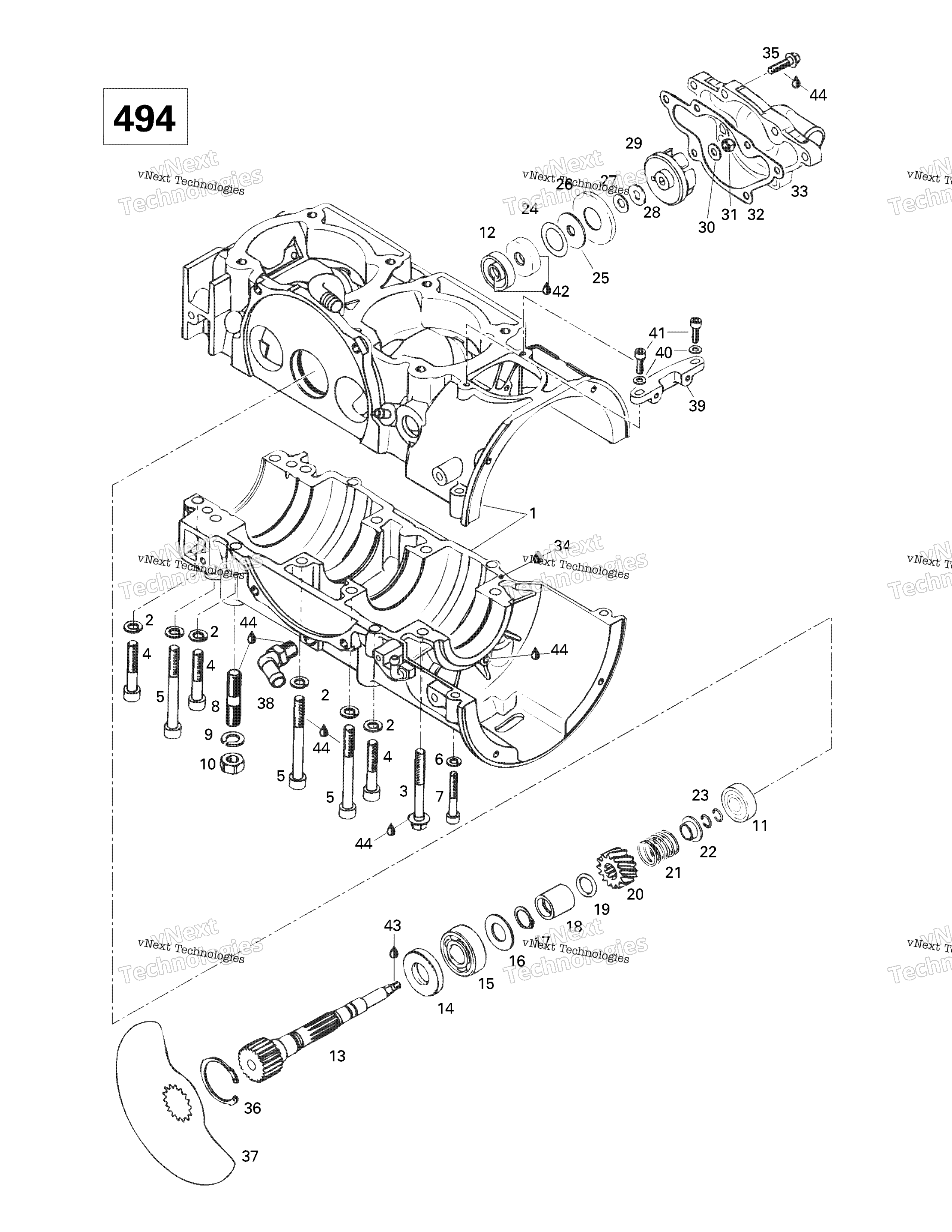 Crankcase, Rotary Valve, Water насос (494)