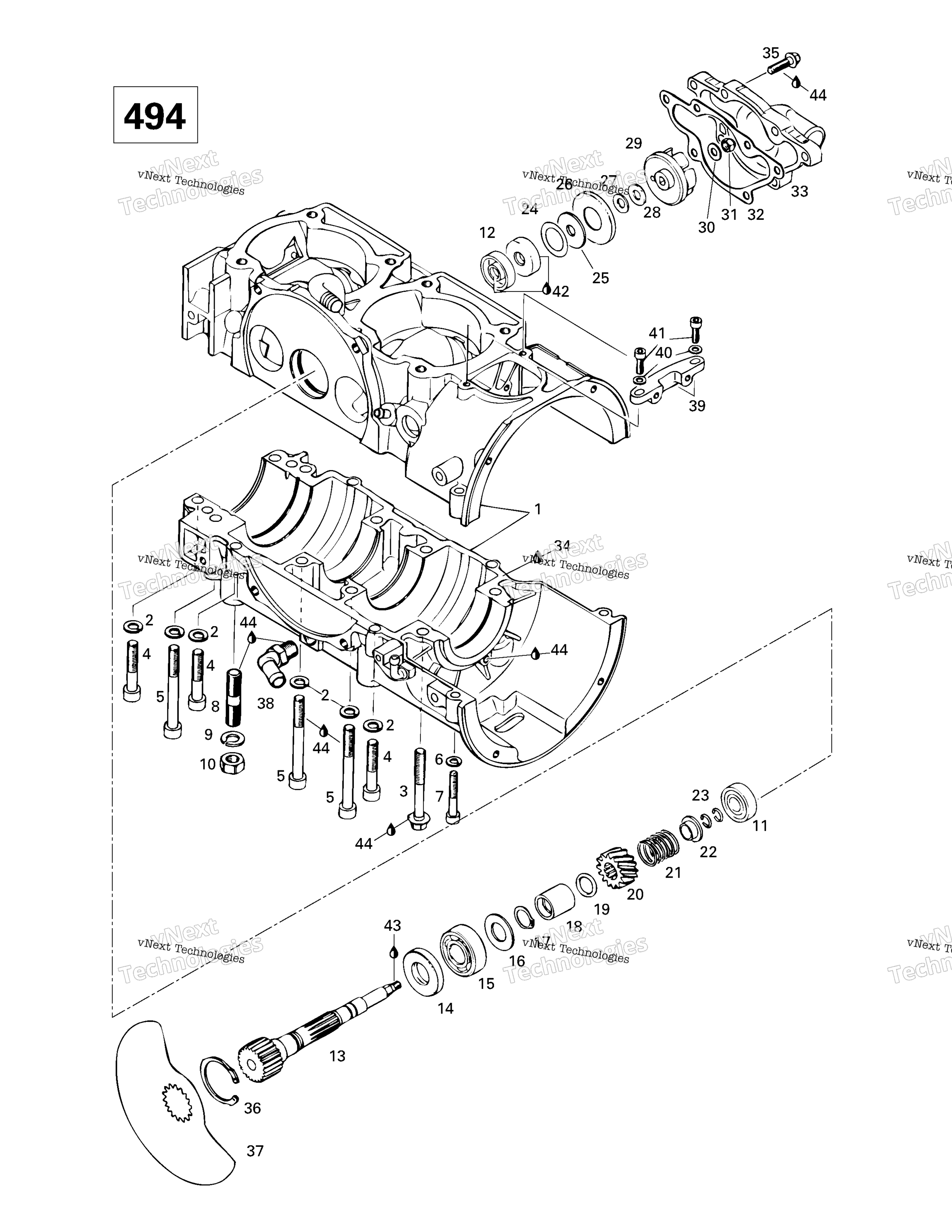Crankcase, Rotary Valve, Water насос (494)