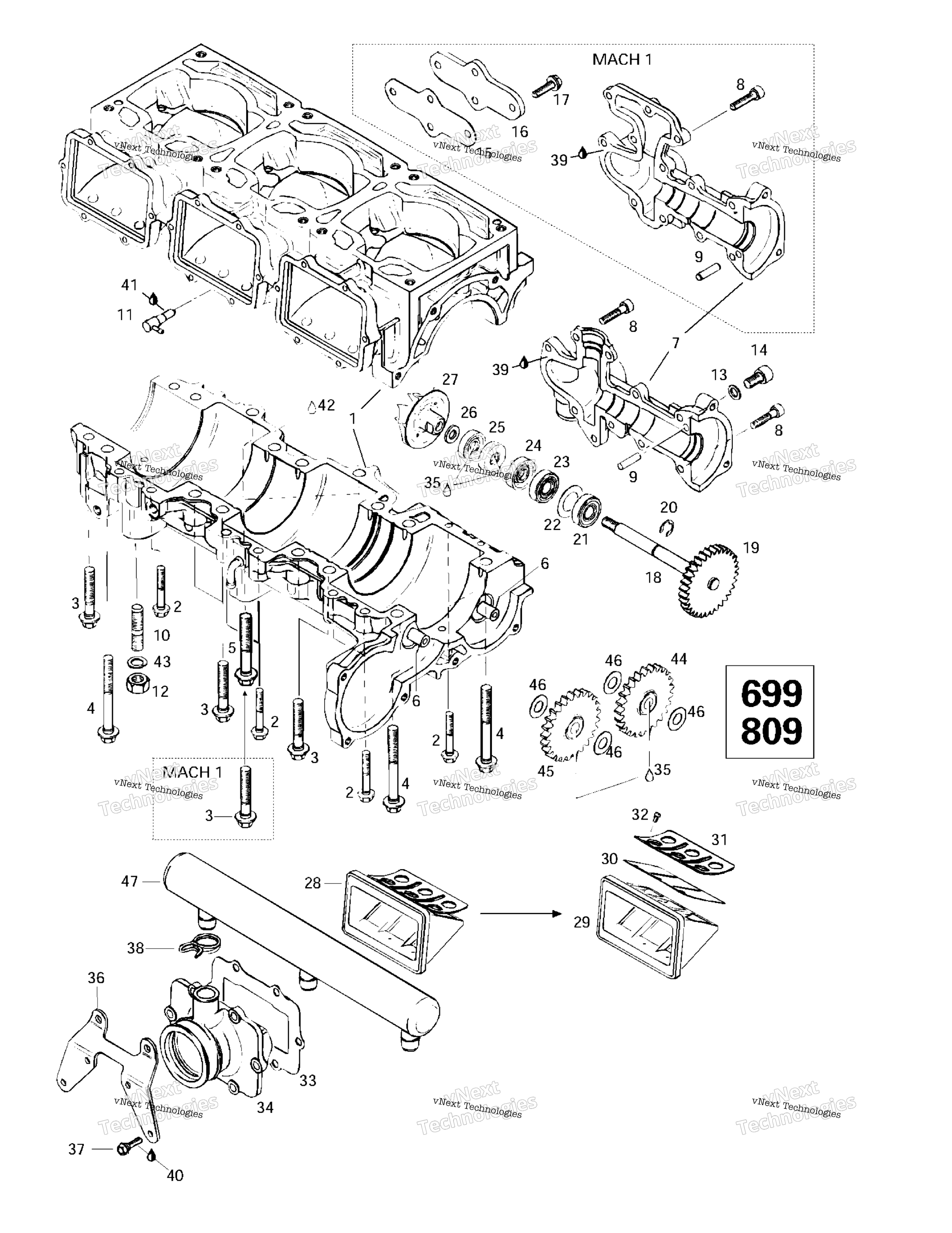 Crankcase, Reed Valve, Water насос (699,809)