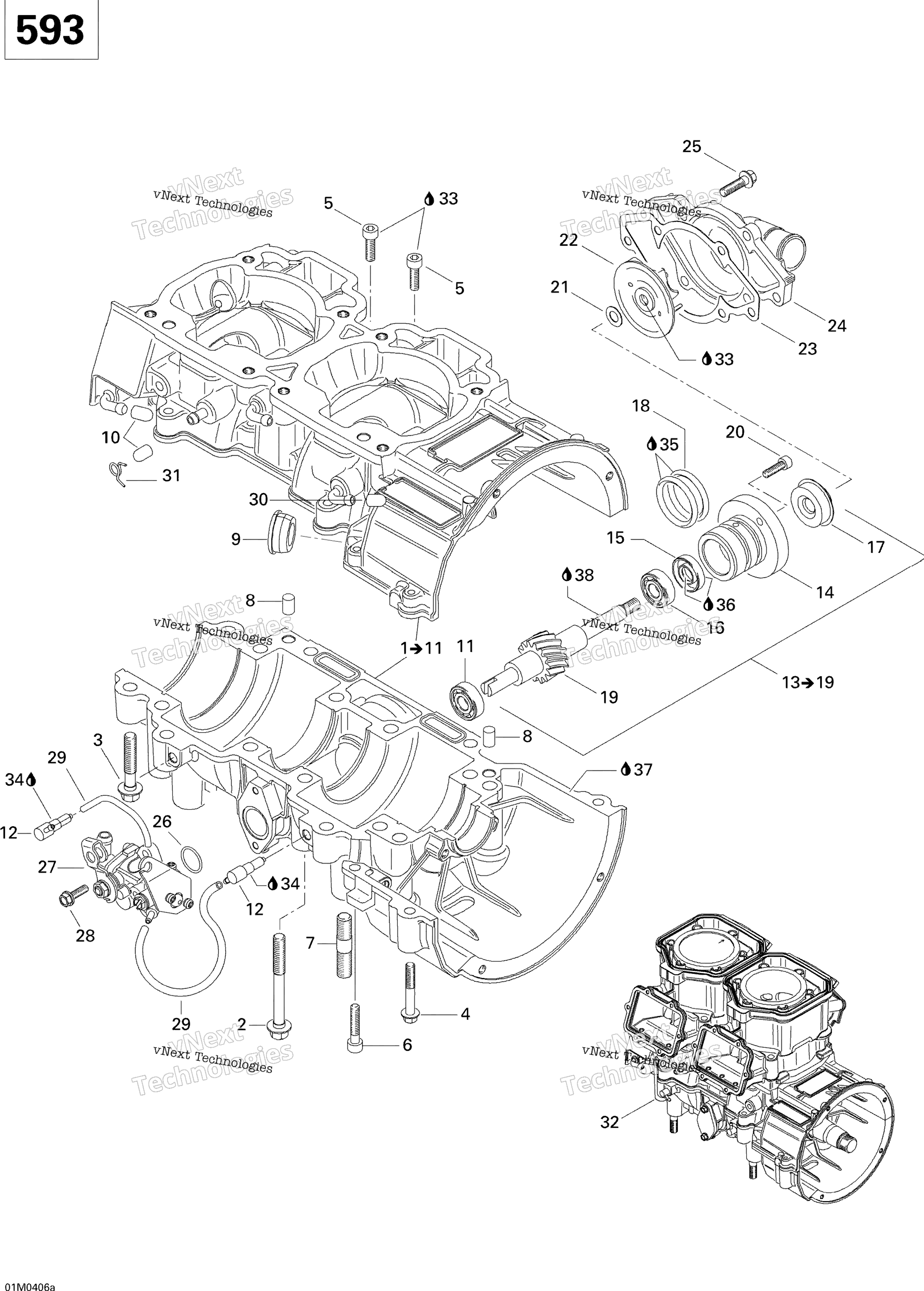 Crankcase, Water насос и масляный насос (593)