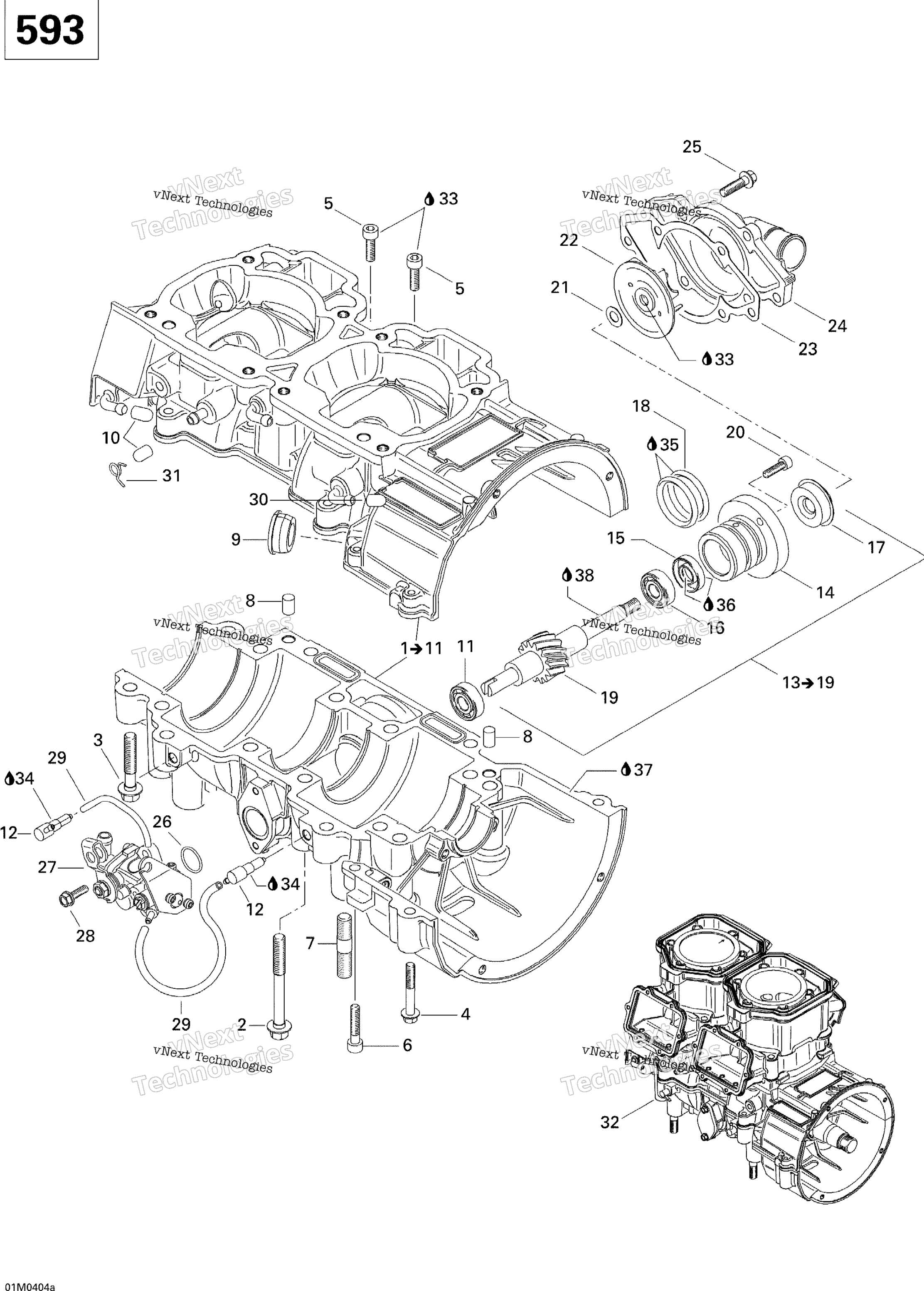 Crankcase, Water насос и масляный насос (593)
