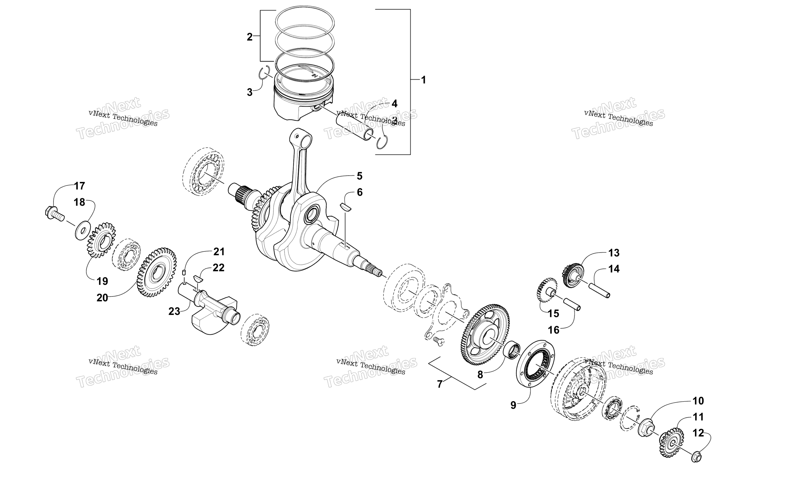 CRANKSHAFT, BALANCER, STARTER GEAR, и поршень ASSEMBLIES