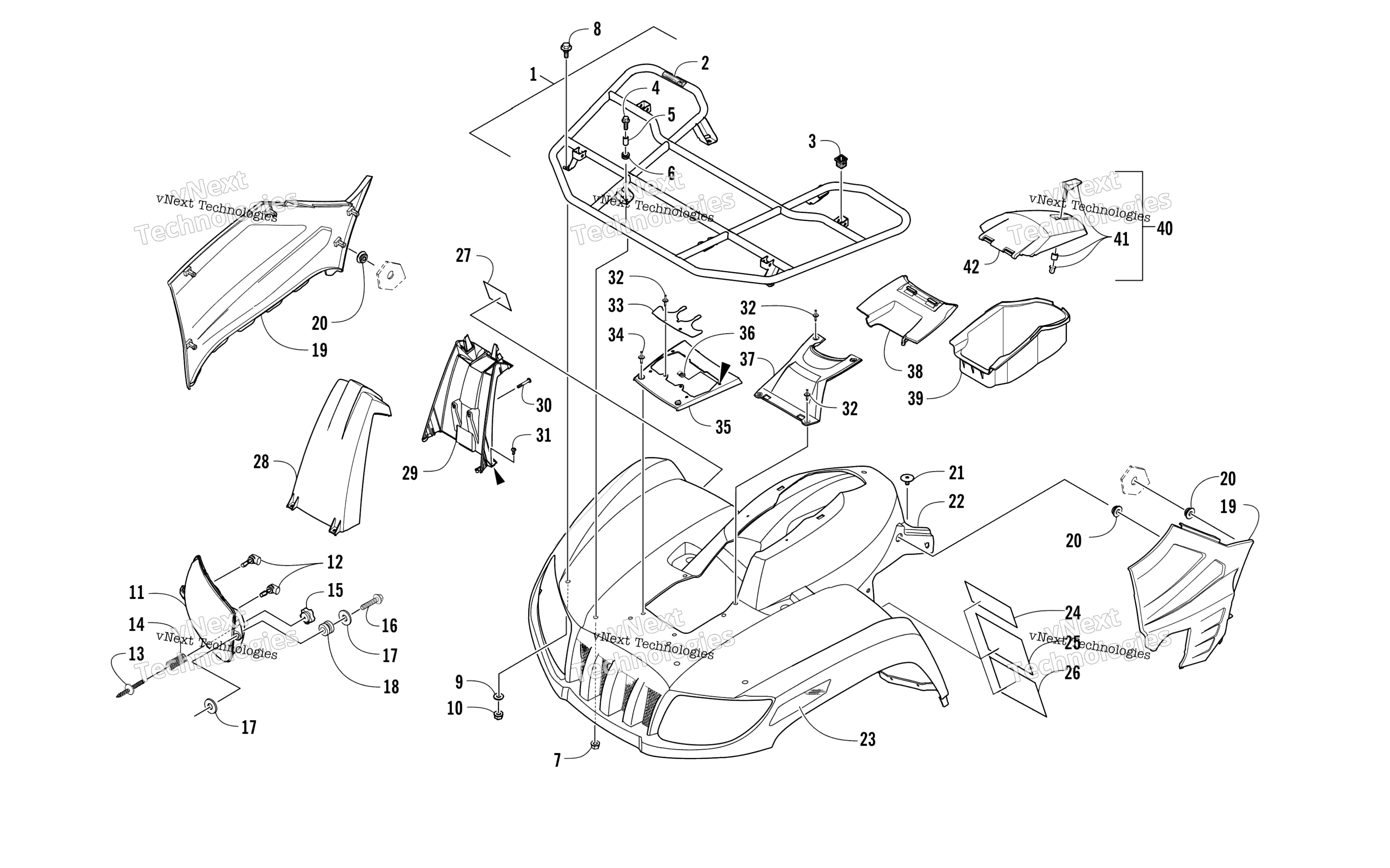 Передняя часть Rack, Body Panel, And Headlight Assemblies