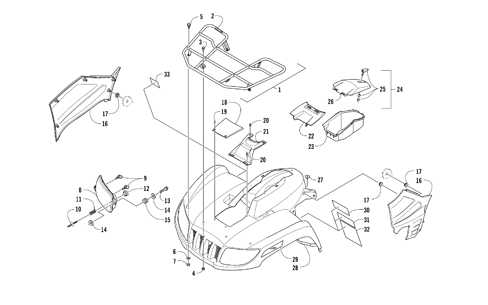Передняя часть RACK, BODY PANEL, AND HEADLIGHT ASSEMBLIES [302224]