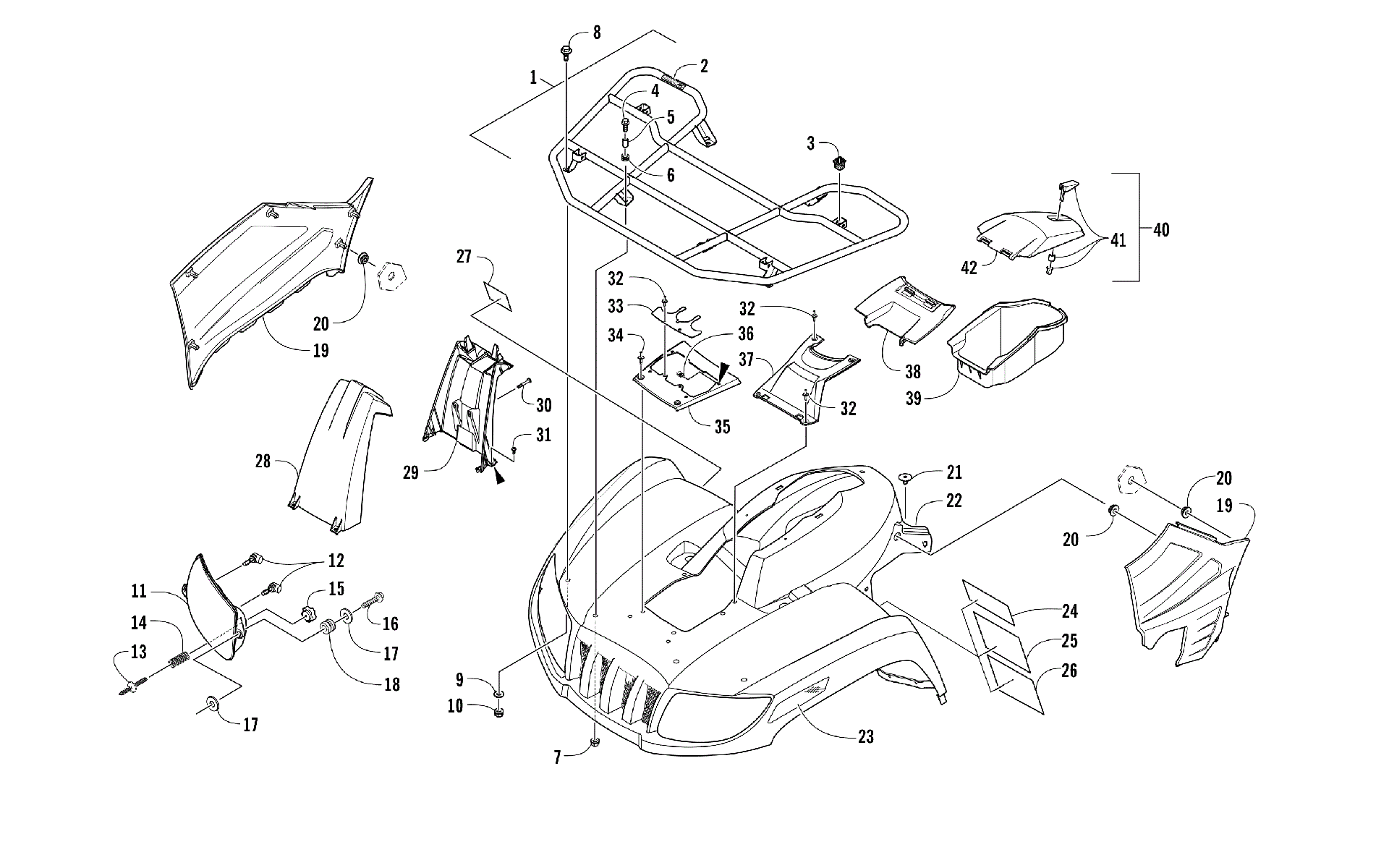 Передняя часть RACK, BODY PANEL, AND HEADLIGHT ASSEMBLIES [302251]