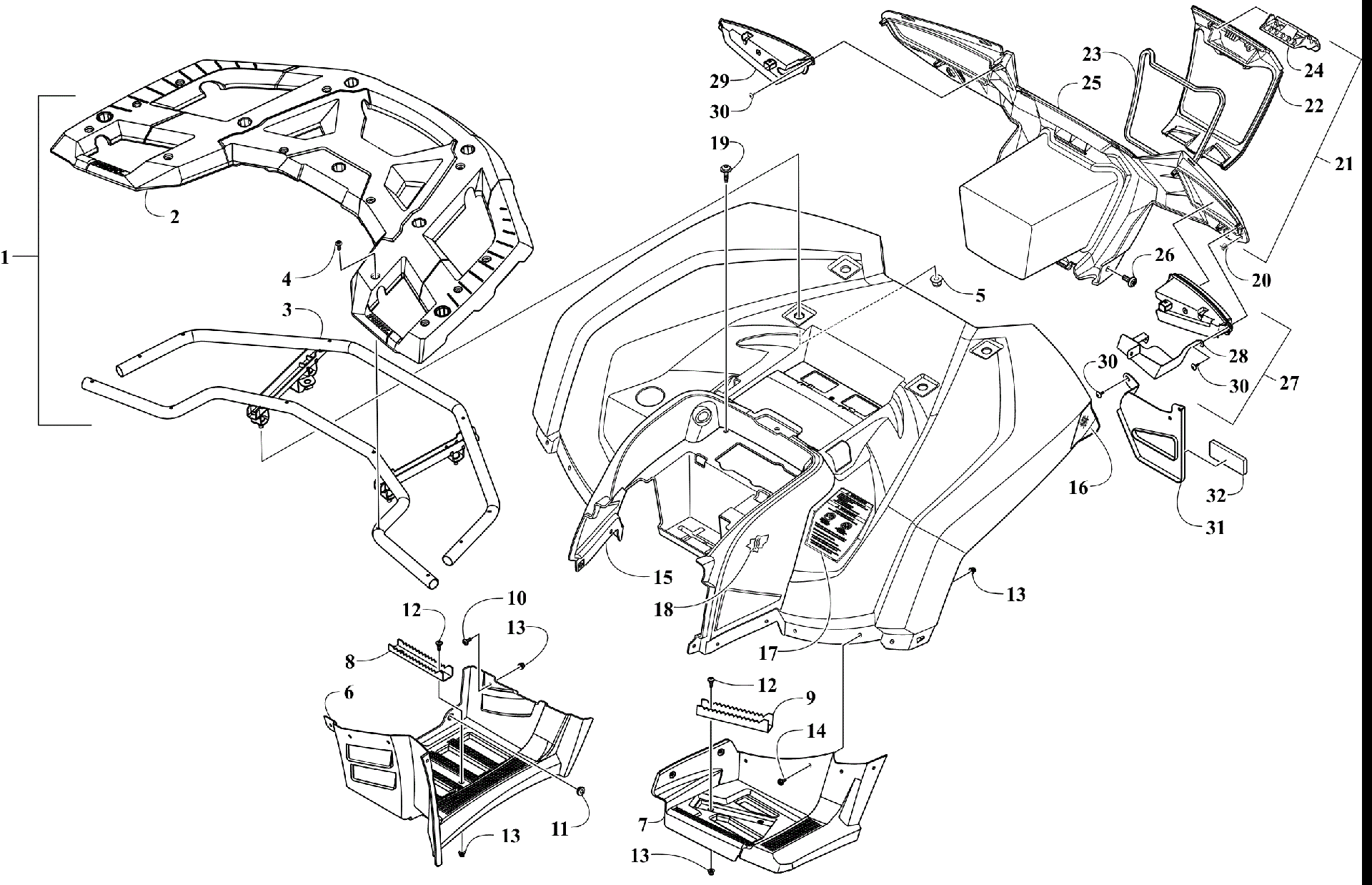 задний RACK, кузов PANEL, FOOTWELL, и TAILLIGHT ASSEMBLIES [302703]