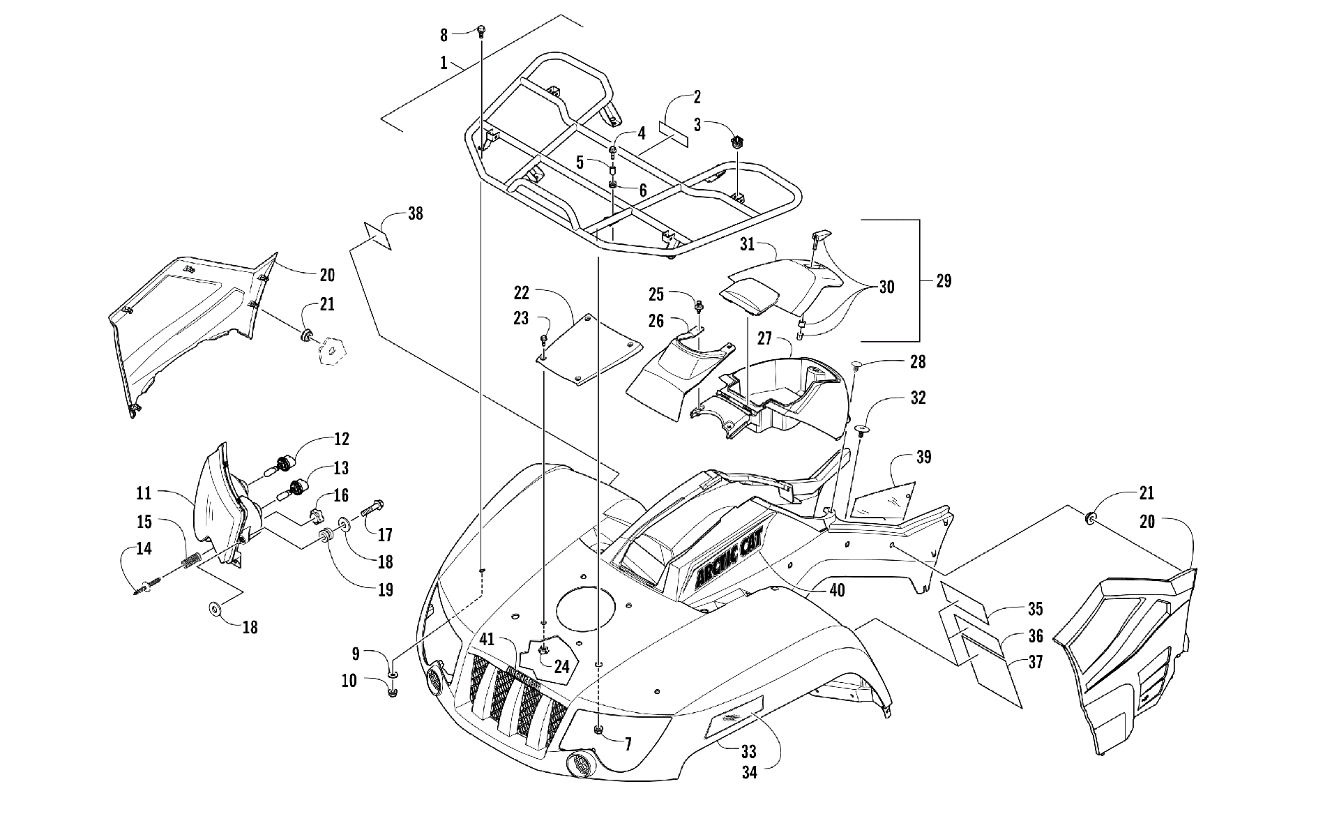 Передняя часть RACK, BODY PANEL, AND HEADLIGHT ASSEMBLIES [301719]