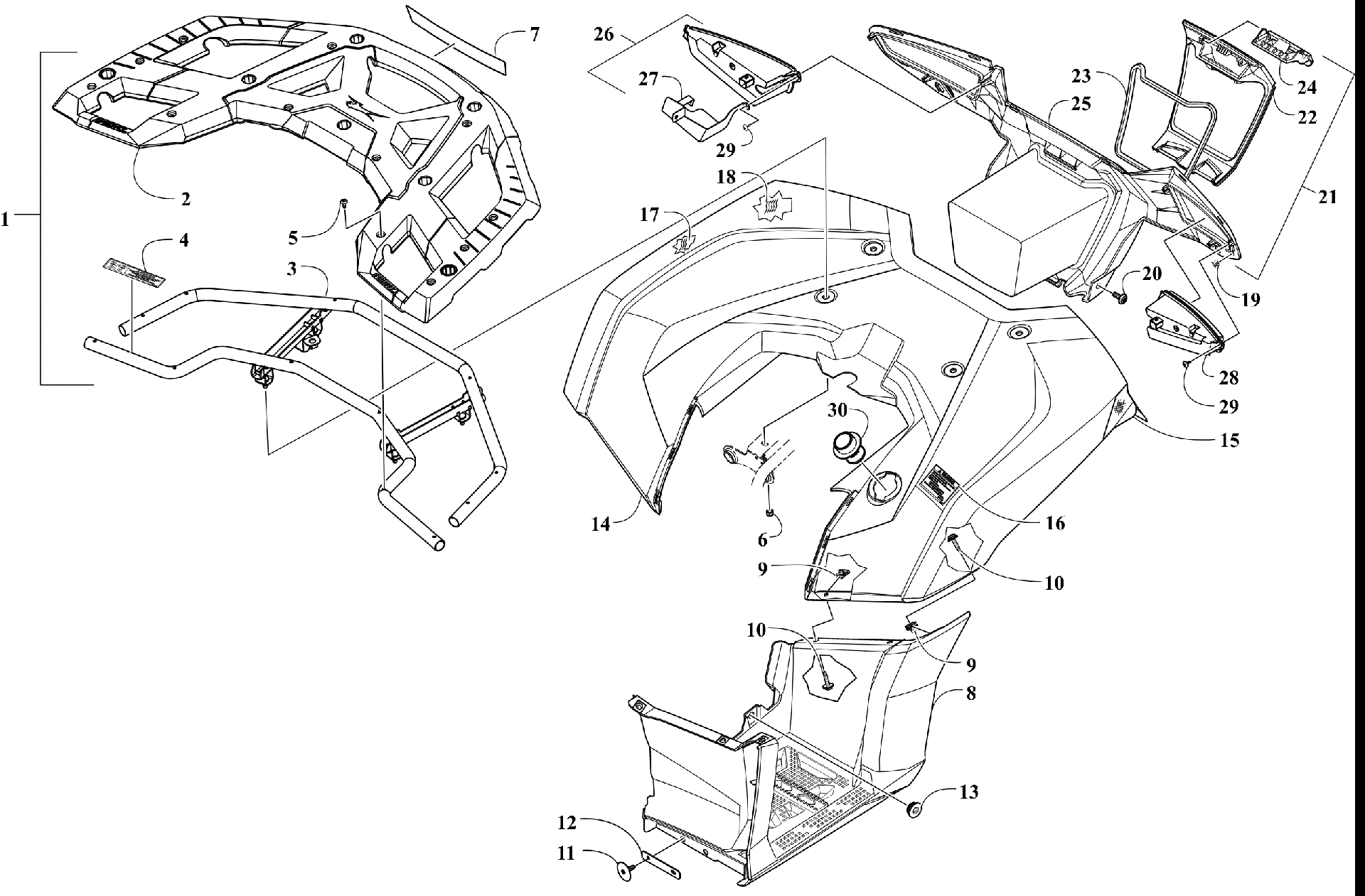 задний RACK, кузов PANEL, FOOTWELL, и TAILLIGHT ASSEMBLIES [301936]