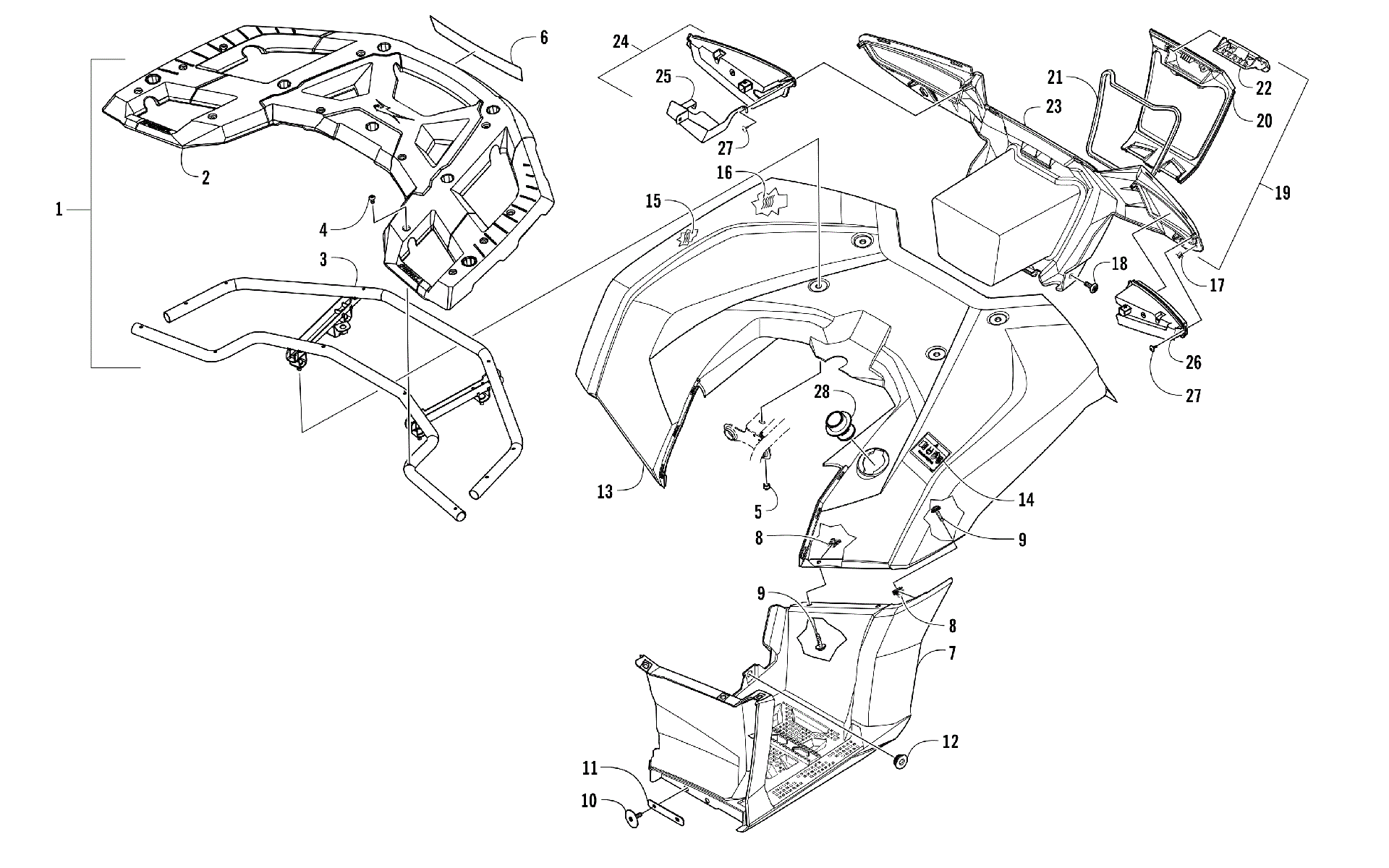 задний RACK, кузов PANEL, FOOTWELL, и TAILLIGHT ASSEMBLIES [104818]