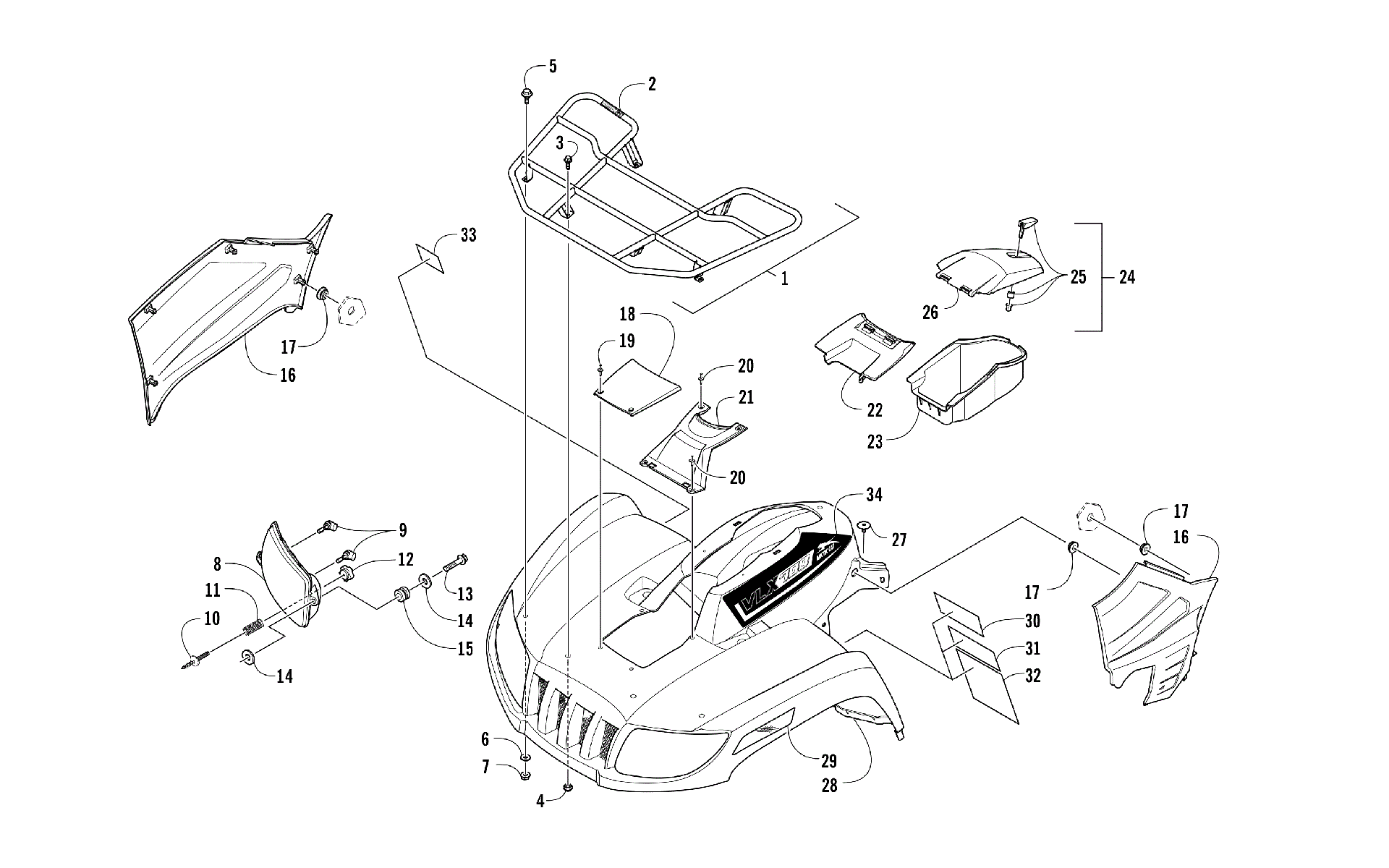 Передняя часть RACK, BODY PANEL, AND HEADLIGHT ASSEMBLIES [302134]