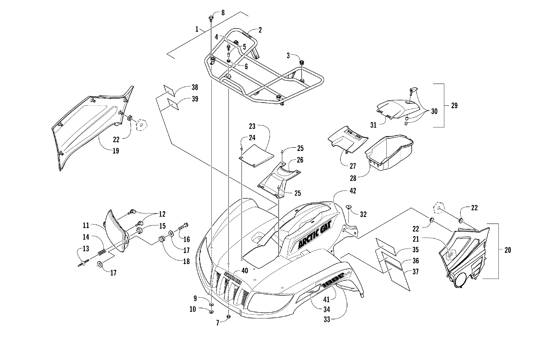 Передняя часть RACK, BODY PANEL, AND HEADLIGHT ASSEMBLIES [301742]