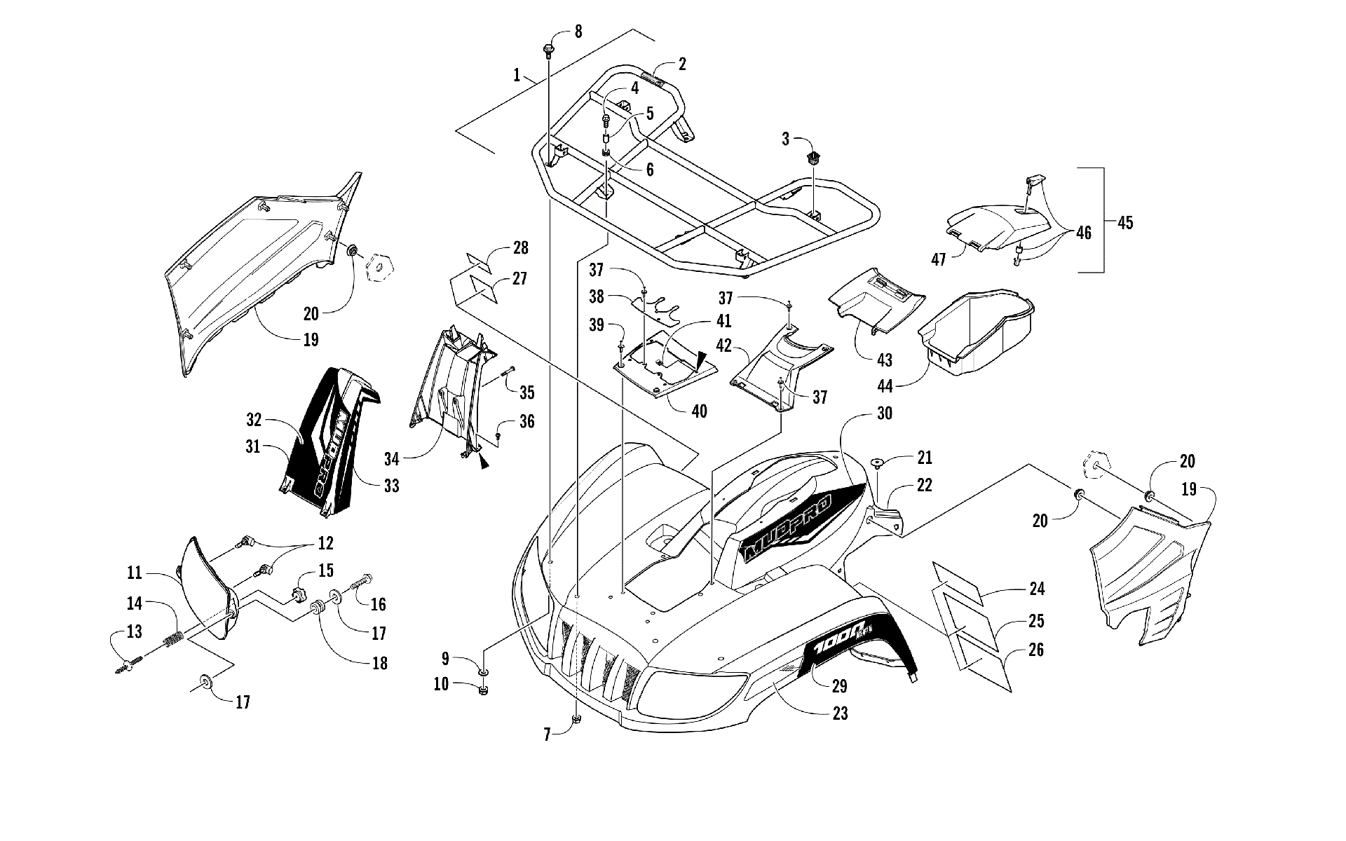 Передняя часть RACK, BODY PANEL, AND HEADLIGHT ASSEMBLIES [301817]
