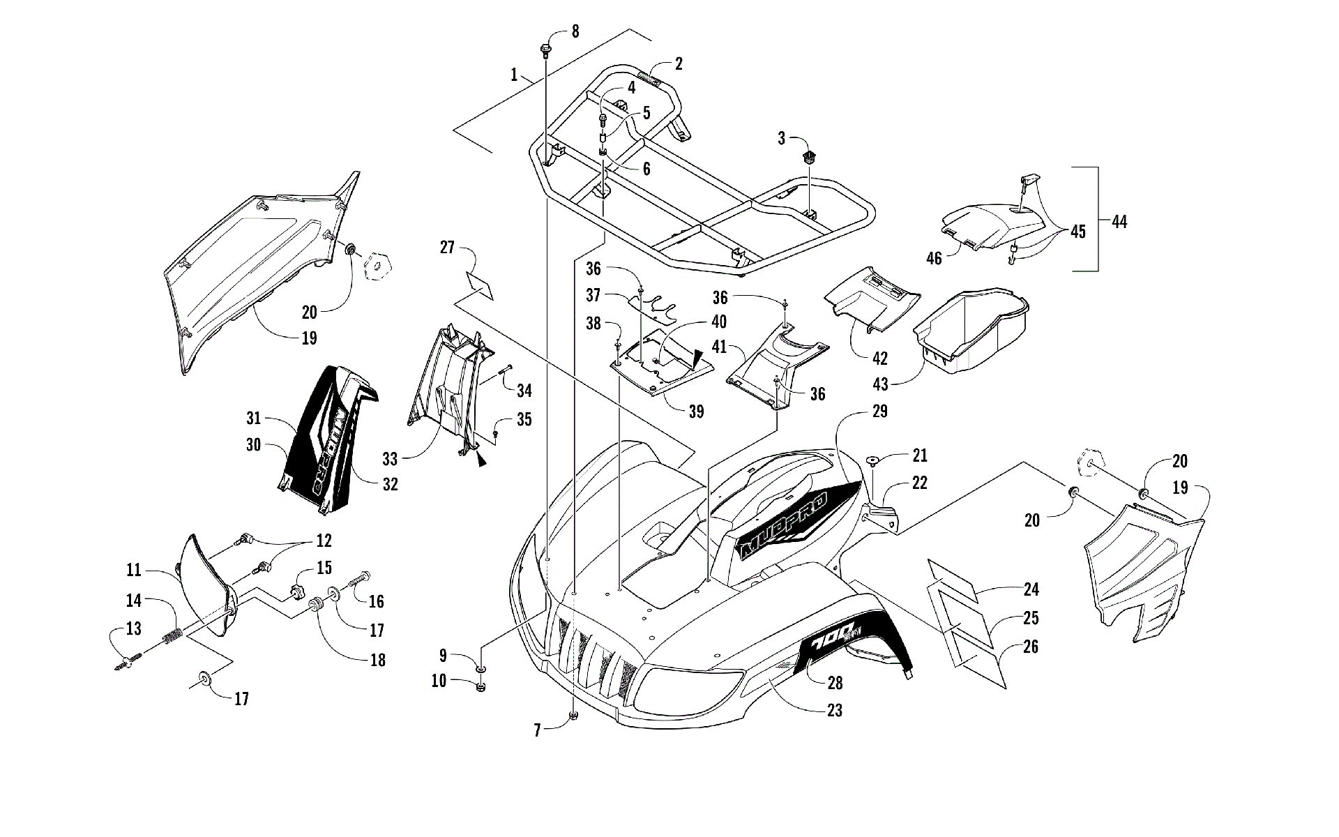 Передняя часть RACK, BODY PANEL, AND HEADLIGHT ASSEMBLIES [301706]
