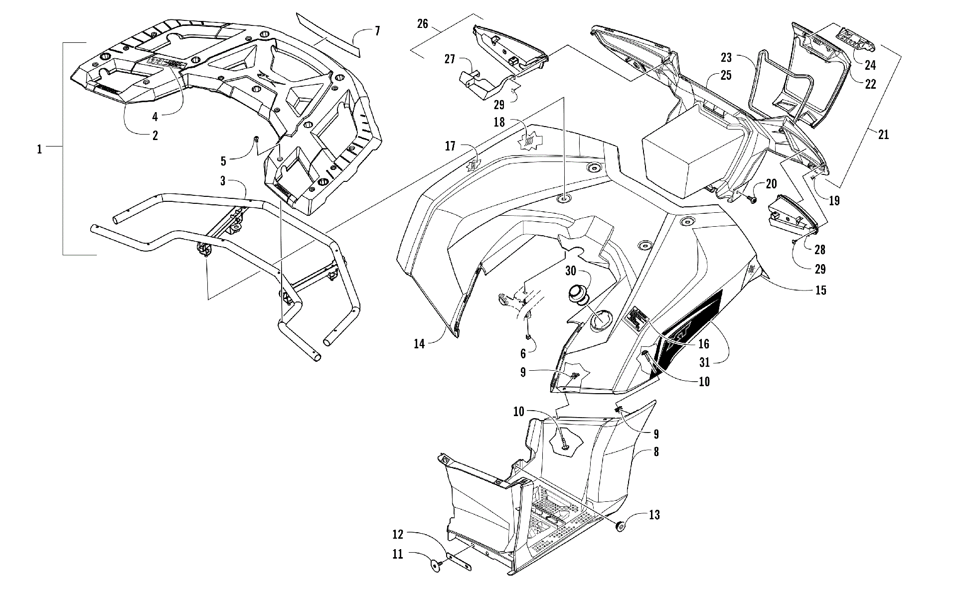 задний RACK, кузов PANEL, FOOTWELL, и TAILLIGHT ASSEMBLIES [301593]