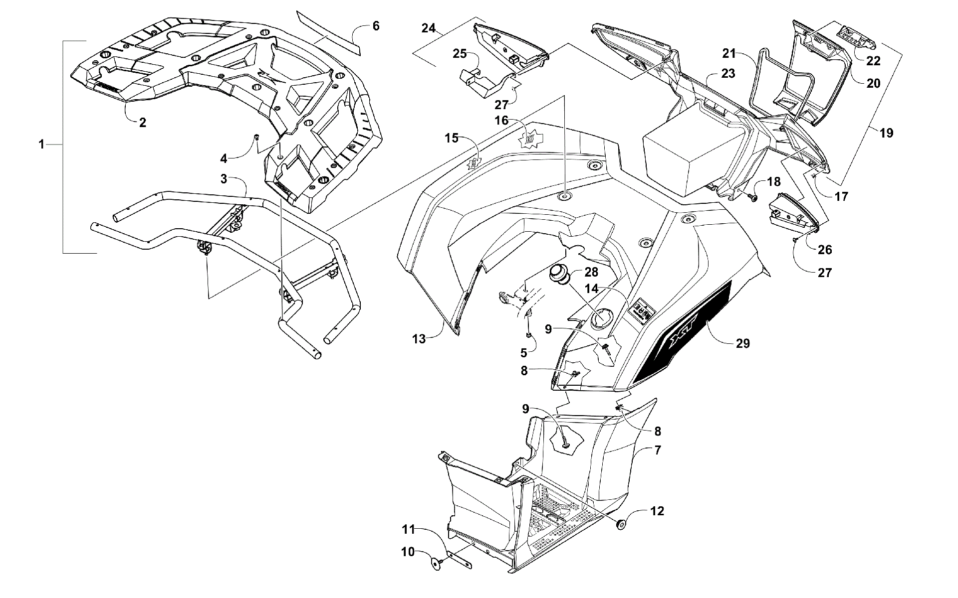 задний RACK, кузов PANEL, FOOTWELL, и TAILLIGHT ASSEMBLIES [302010]