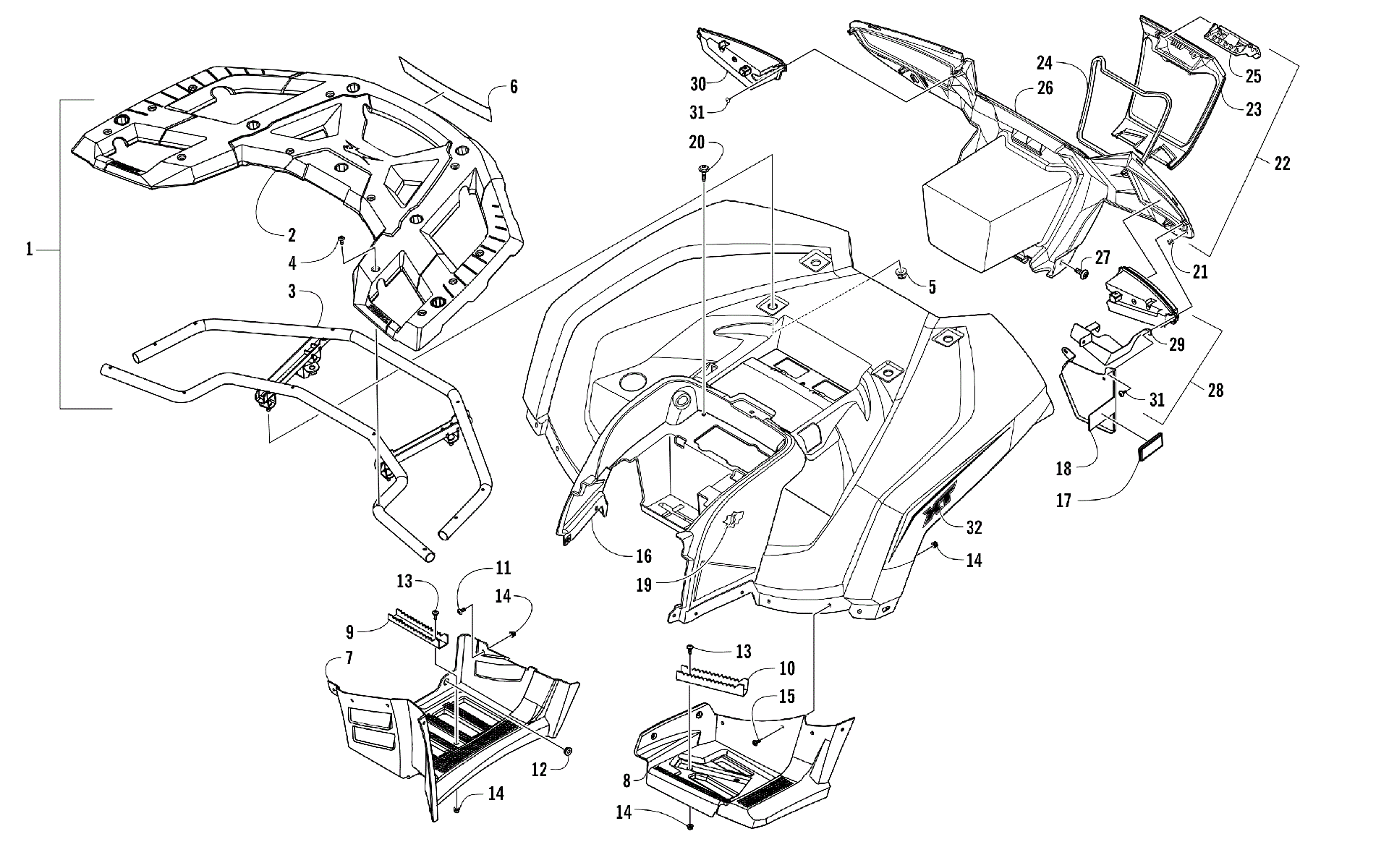 задний RACK, кузов PANEL, FOOTWELL, и TAILLIGHT ASSEMBLIES [301942]