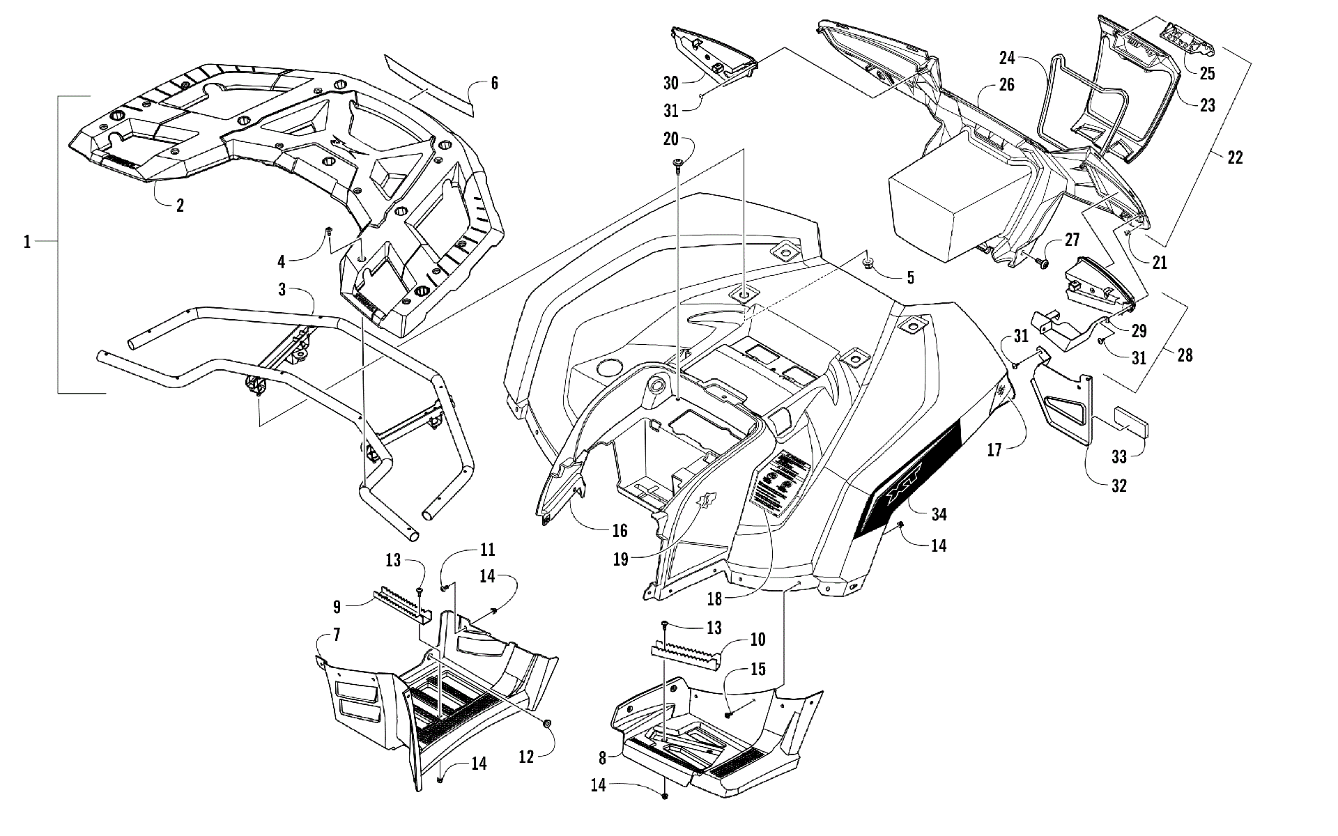 задний RACK, кузов PANEL, FOOTWELL, и TAILLIGHT ASSEMBLIES [302014]