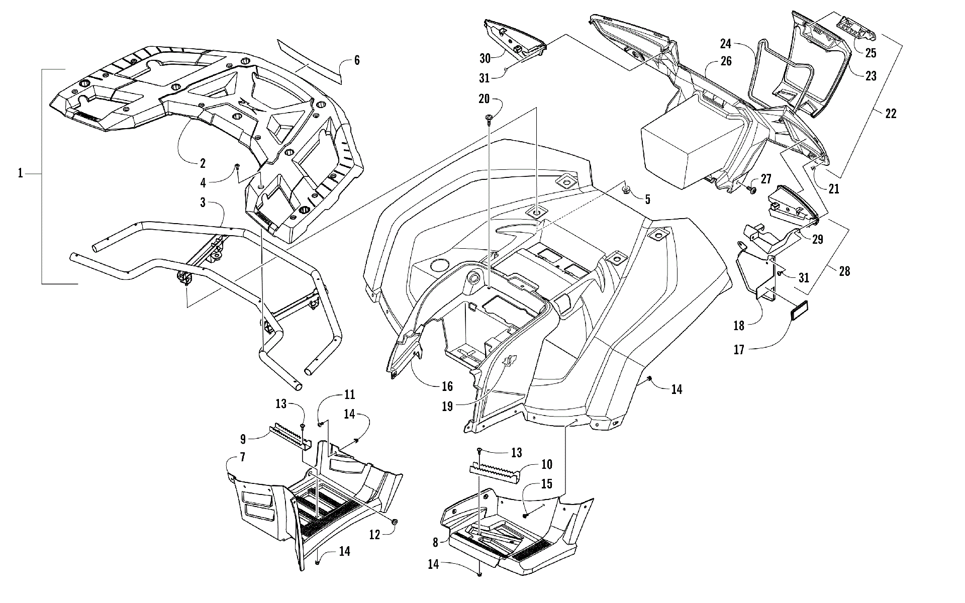 задний RACK, кузов PANEL, FOOTWELL, и TAILLIGHT ASSEMBLIES [302026]