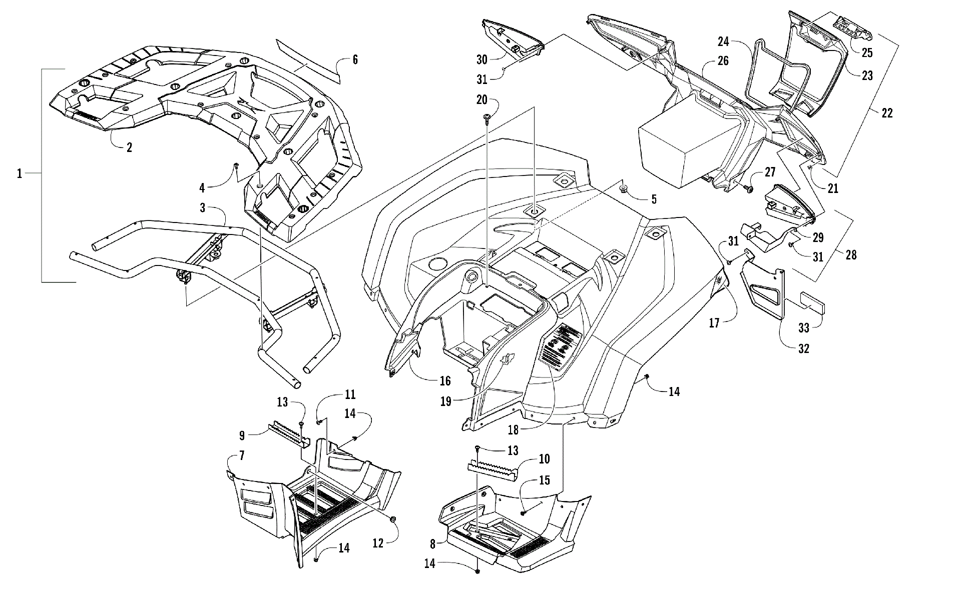 задний RACK, кузов PANEL, FOOTWELL, и TAILLIGHT ASSEMBLIES [301962]